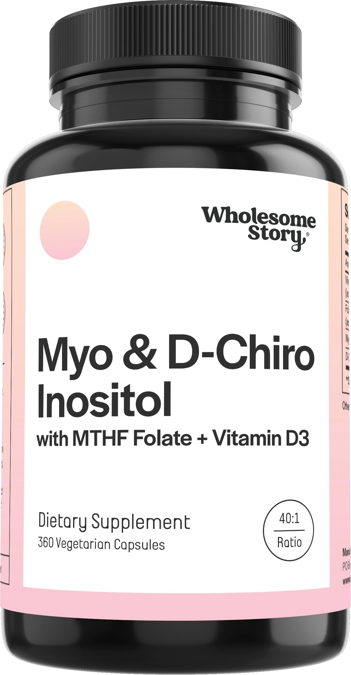 Wholesome Story Myo-Inositol cápsulas, envase compacto para apoyo hormonal.