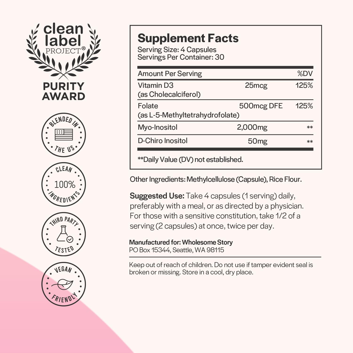 Wholesome Story etiqueta clara destacando D-Chiro Inositol y MTHF para balance hormonal.