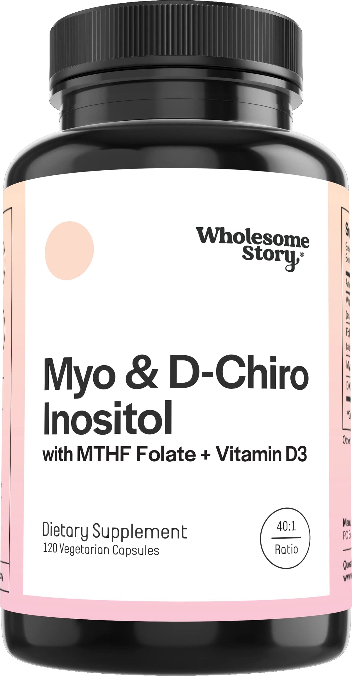 Wholesome Story Myo-Inositol: frasco frontal con cápsulas veganas para equilibrio hormonal.
