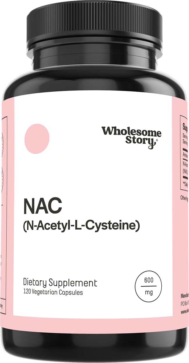 Wholesome Story NAC 600 mg frasco, cápsulas veganas para apoyo celular diario.
