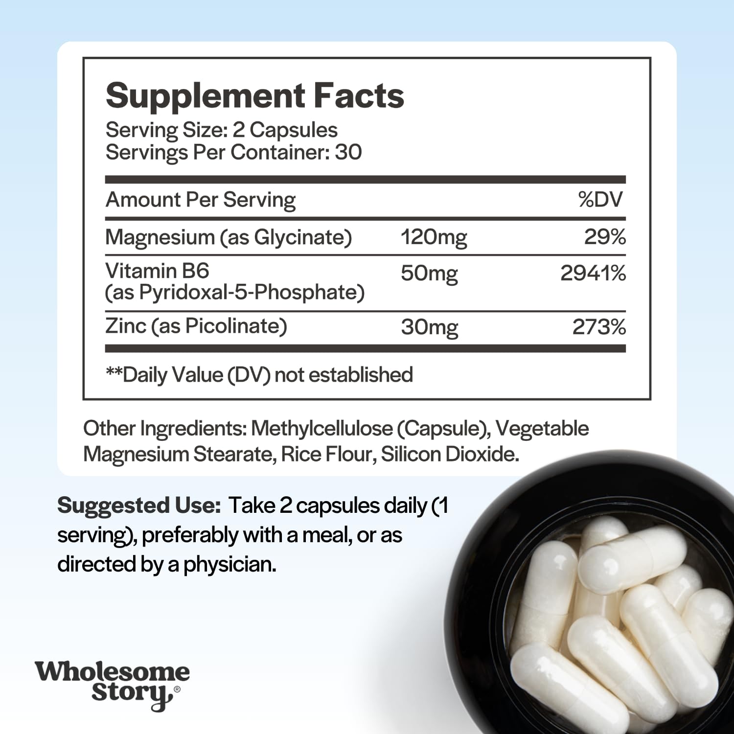 Wholesome Story Zinc Picolinate: etiqueta frontal identificando el producto y beneficios