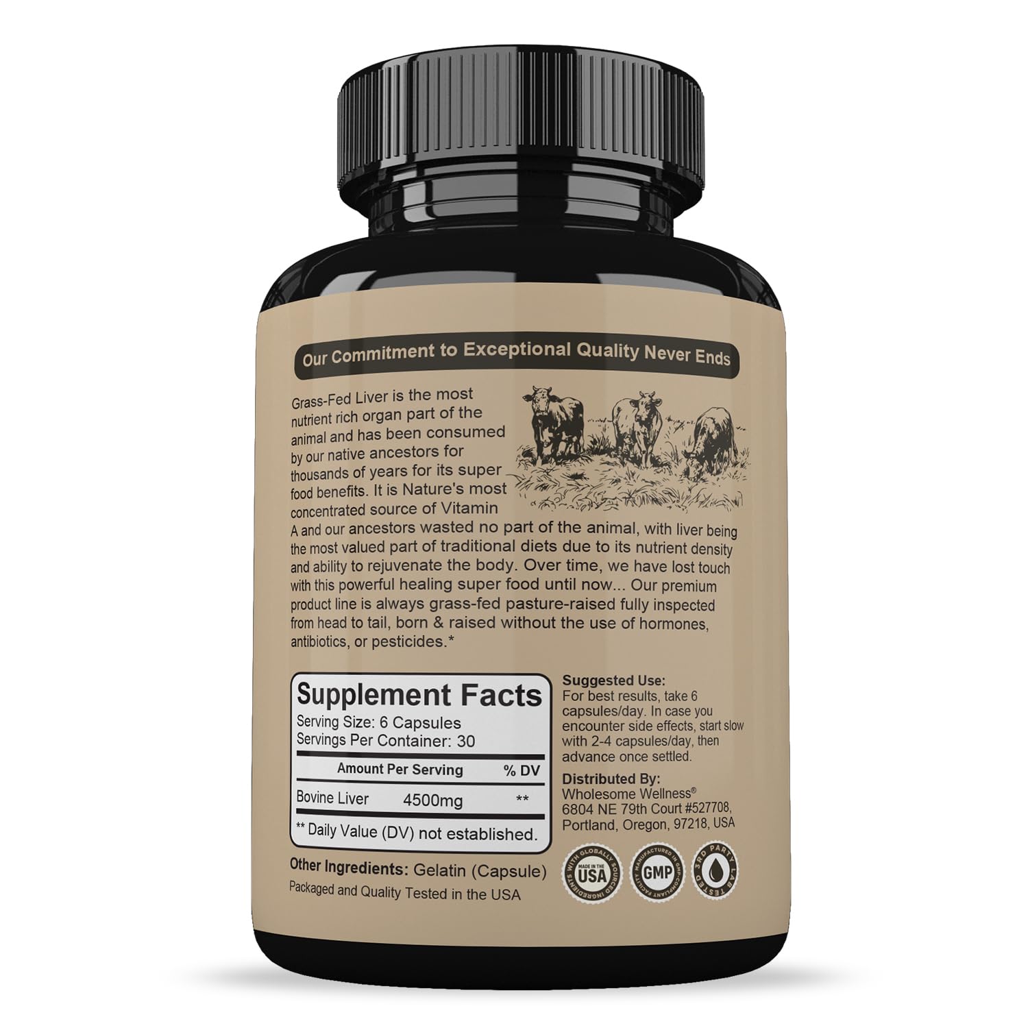 Wholesome Wellness Higado Bovino Desecado cápsulas primer plano, potencia nutritiva sin aditivos