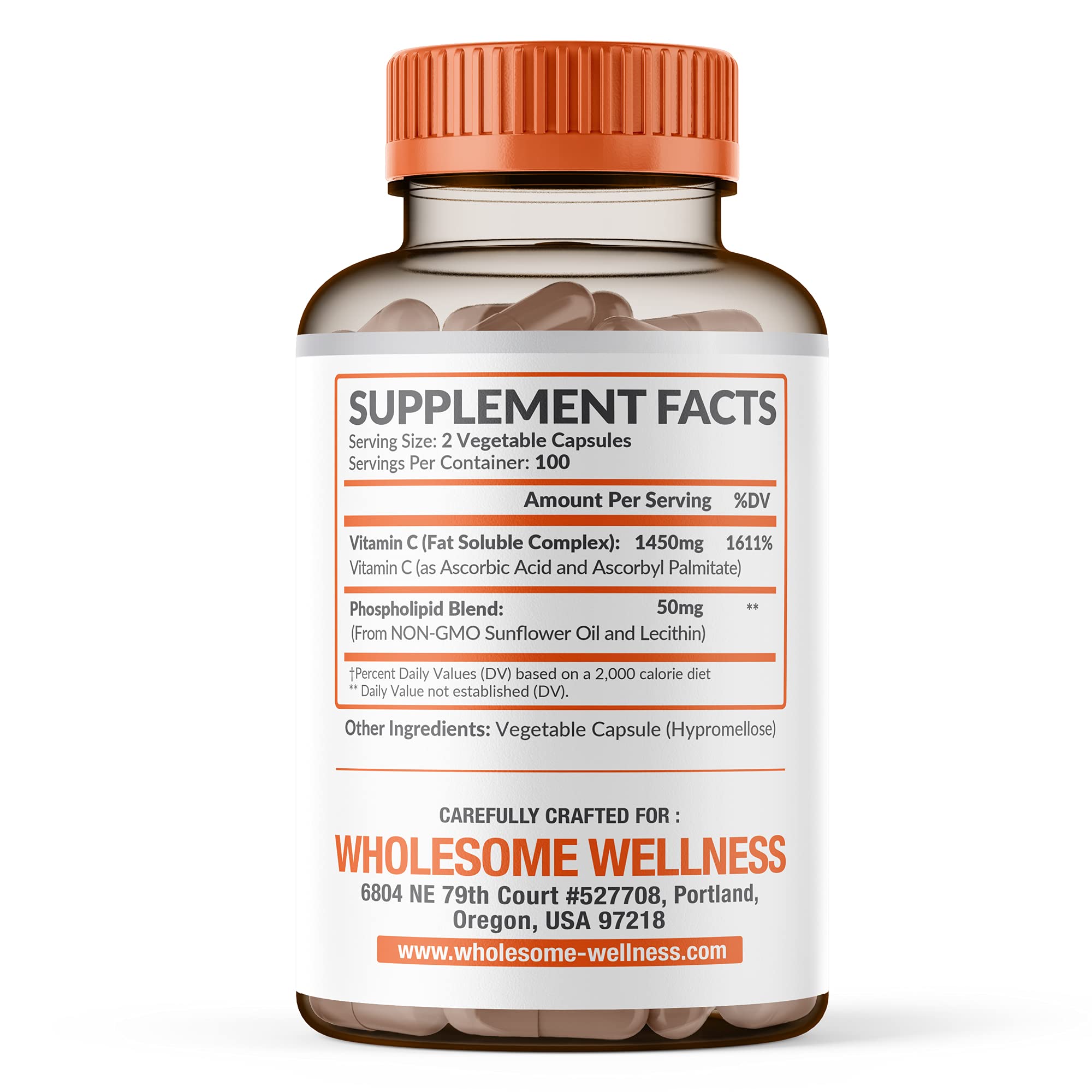 Detalle de capsula de Wholesome Wellness Liposomal Vitamina C para absorcion potencial