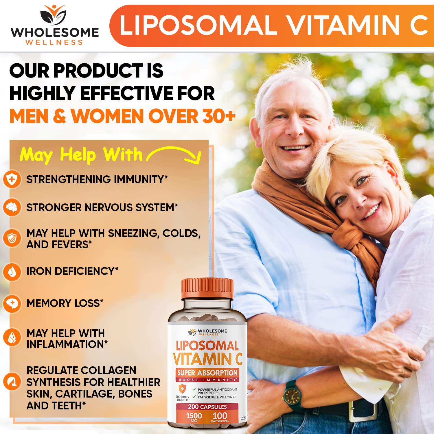 Etiqueta frontal de Wholesome Wellness Liposomal Vitamina C mostrando formula libre de alergenos