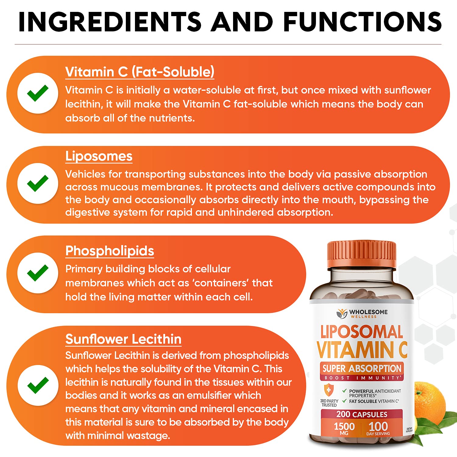 Ingredientes de Wholesome Wellness Liposomal Vitamina C con fosfolipidos de girasol