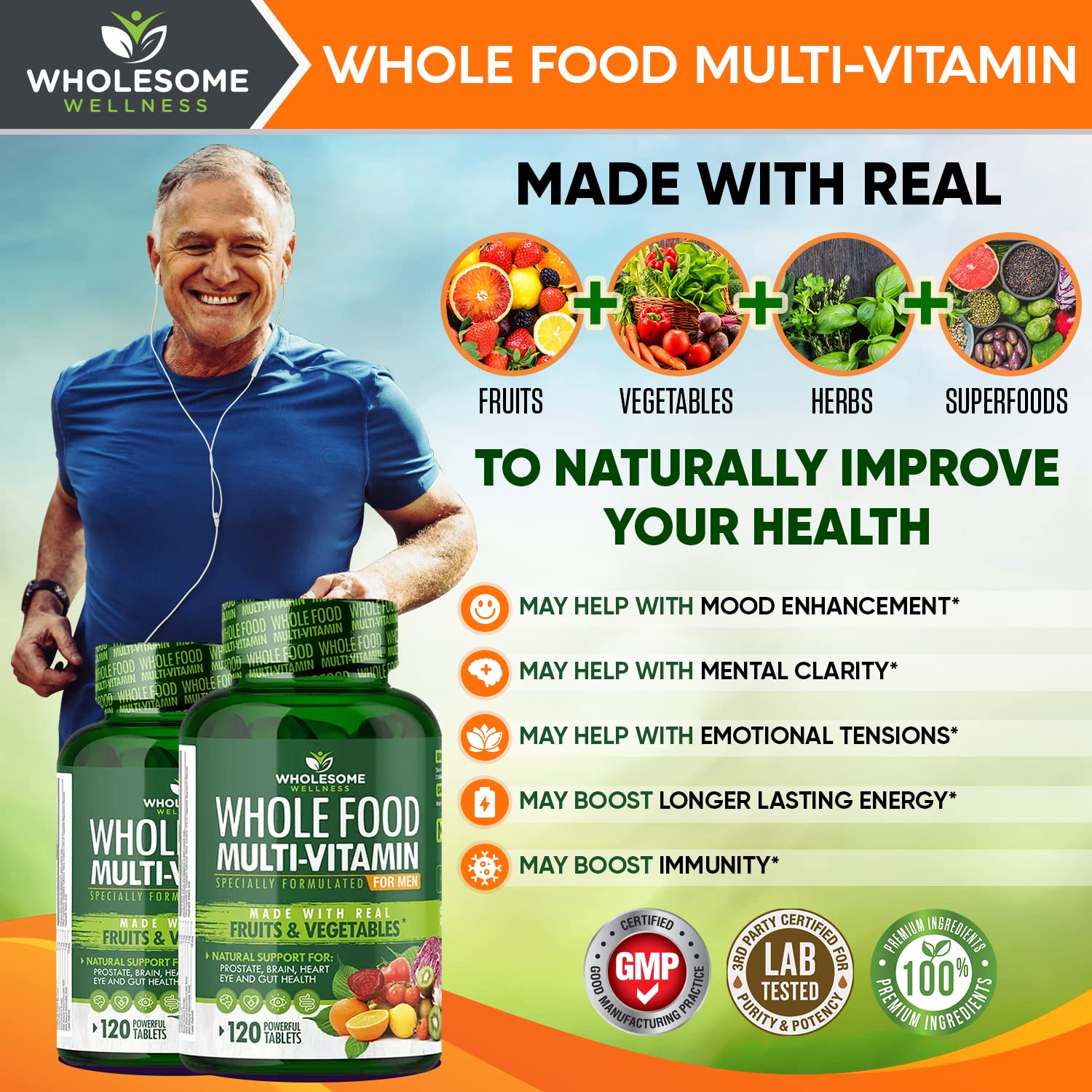 Wholesome Wellness etiqueta nutricional, información clara sobre vitaminas y minerales clave.