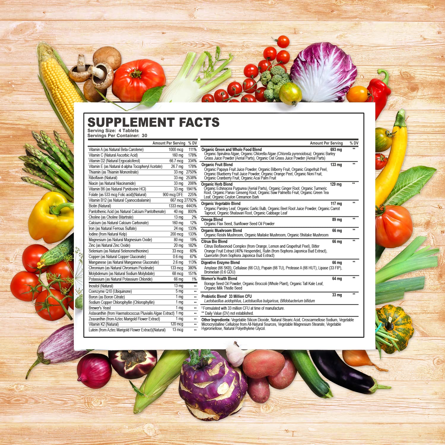 Wholesome Wellness multivitaminas mujeres, etiqueta frontal, información clara de ingredientes