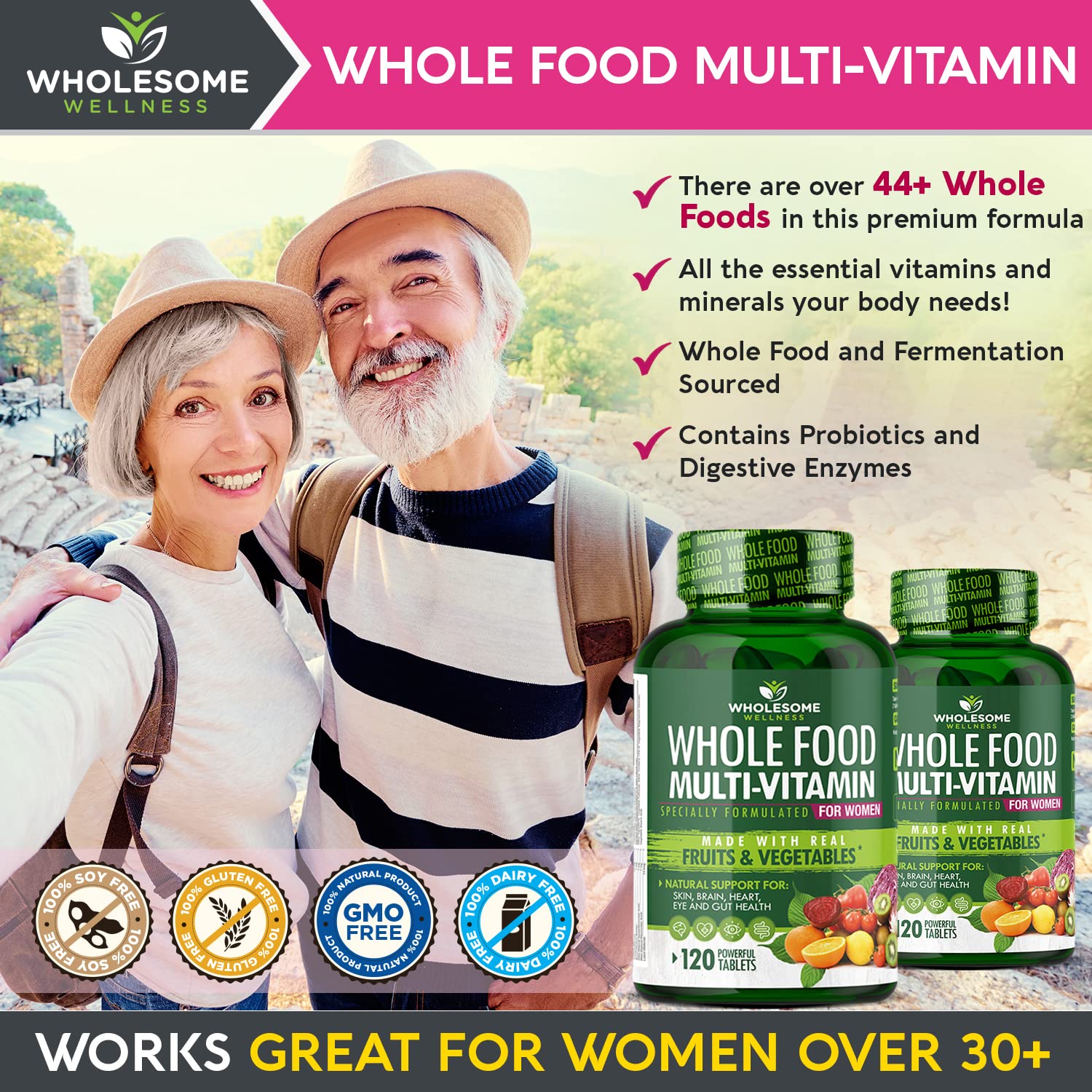 Wholesome Wellness multivitaminas mujeres, mezcla herbolaria y superalimentos para nutrición