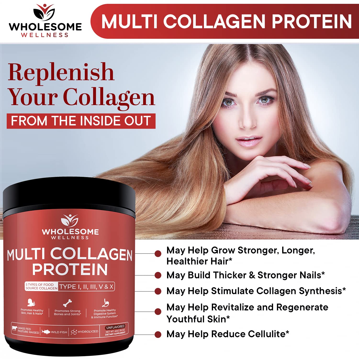 Wholesome Wellness Colágeno Premium: origen-pescado aporta nutrientes para la piel y articulaciones.
