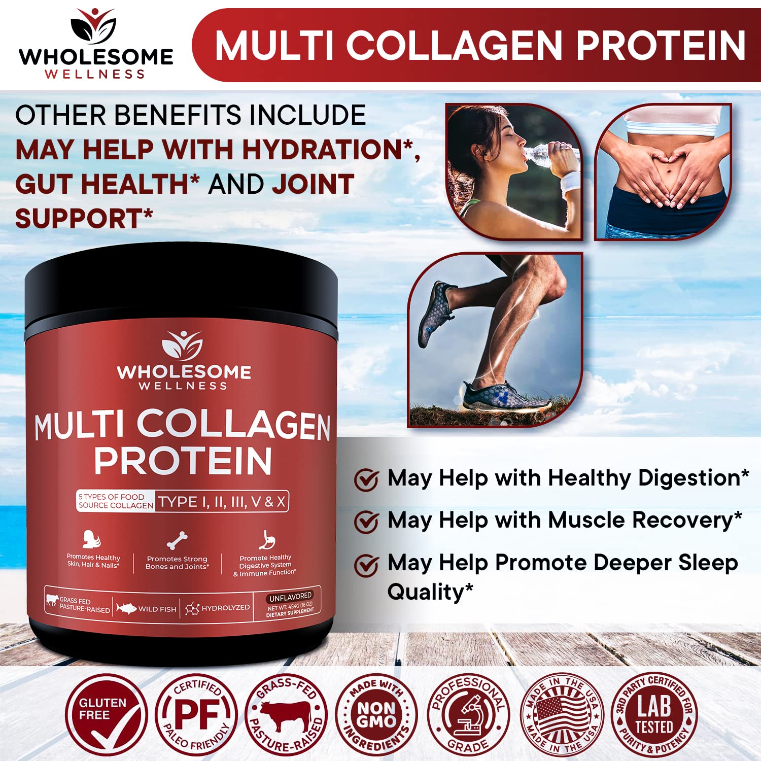 Wholesome Wellness Colágeno Premium: origen-pollo ayuda a cuidar cabello y uñas con uso diario.