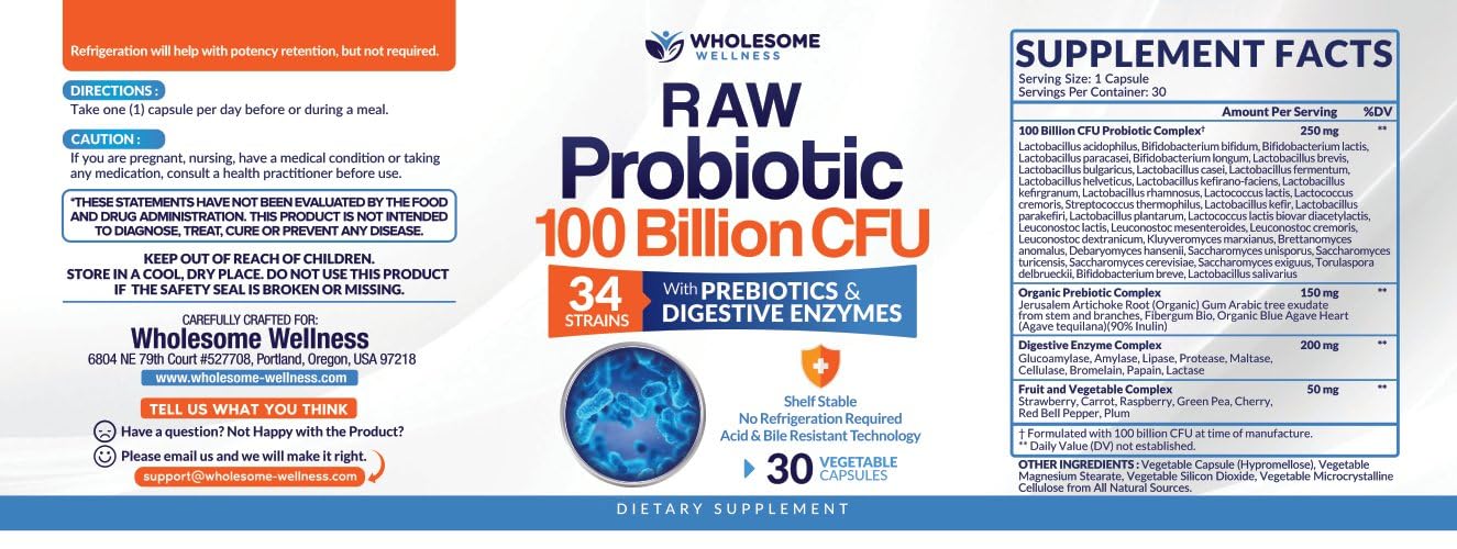 Wholesome Wellness Probioticos cápsulas fáciles de tragar para uso diario