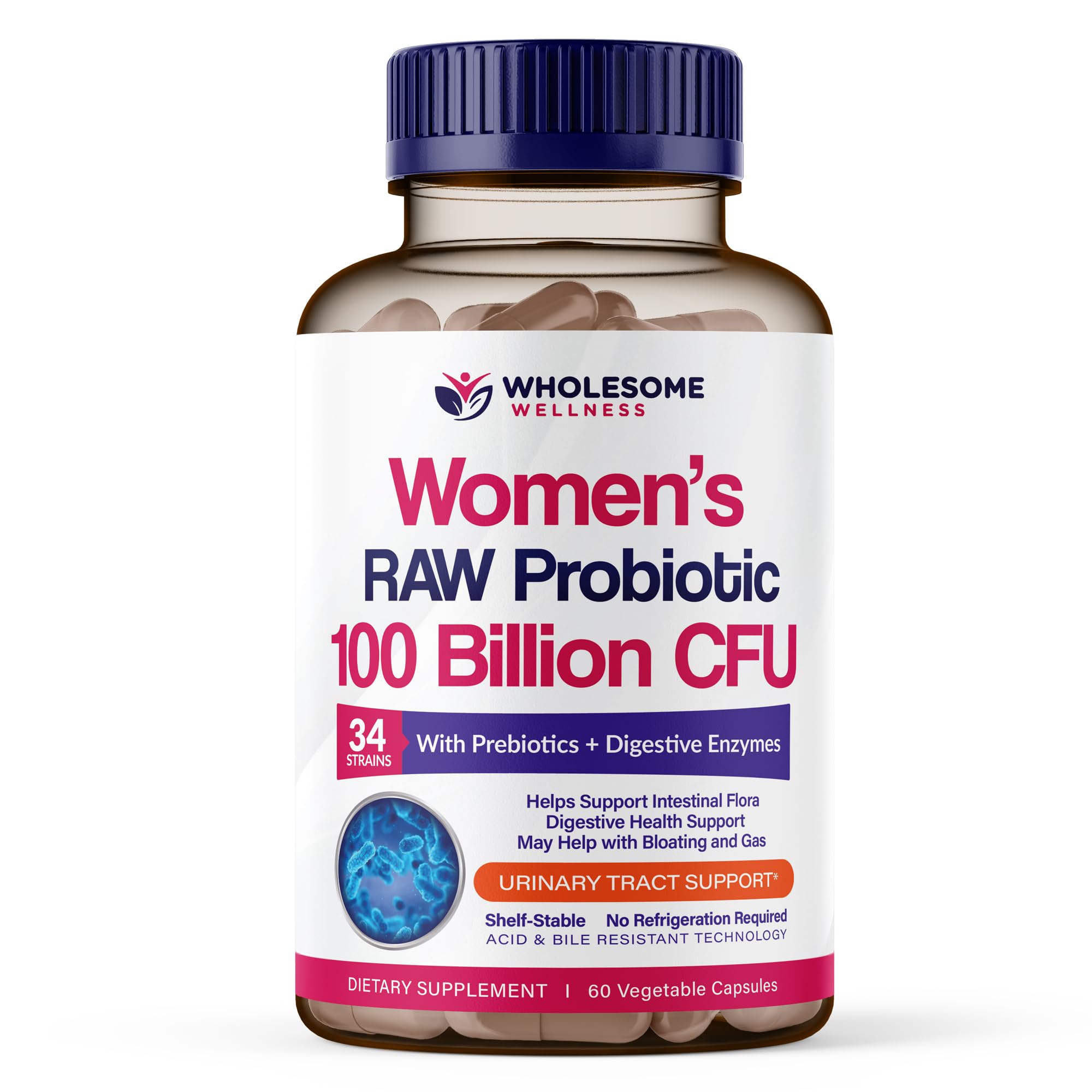 Wholesome Wellness Probiotics para Mujeres, botella visible, apoyo digestivo suave para uso diario.