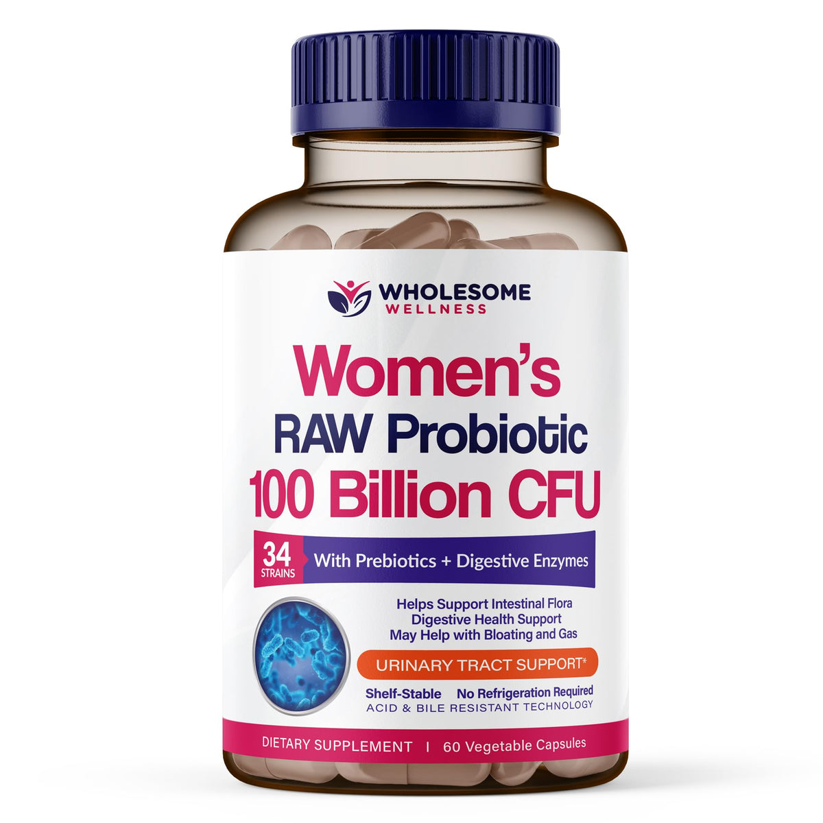 Wholesome Wellness Probiotics para Mujeres, botella visible, apoyo digestivo suave para uso diario.