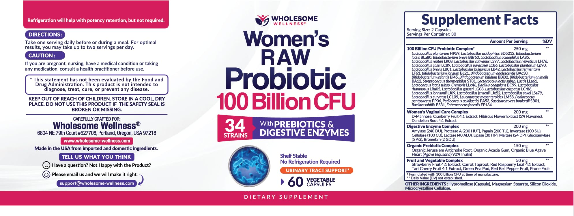Wholesome Wellness Probiotics para Mujeres, cápsulas, dos dosis diarias para comodidad.