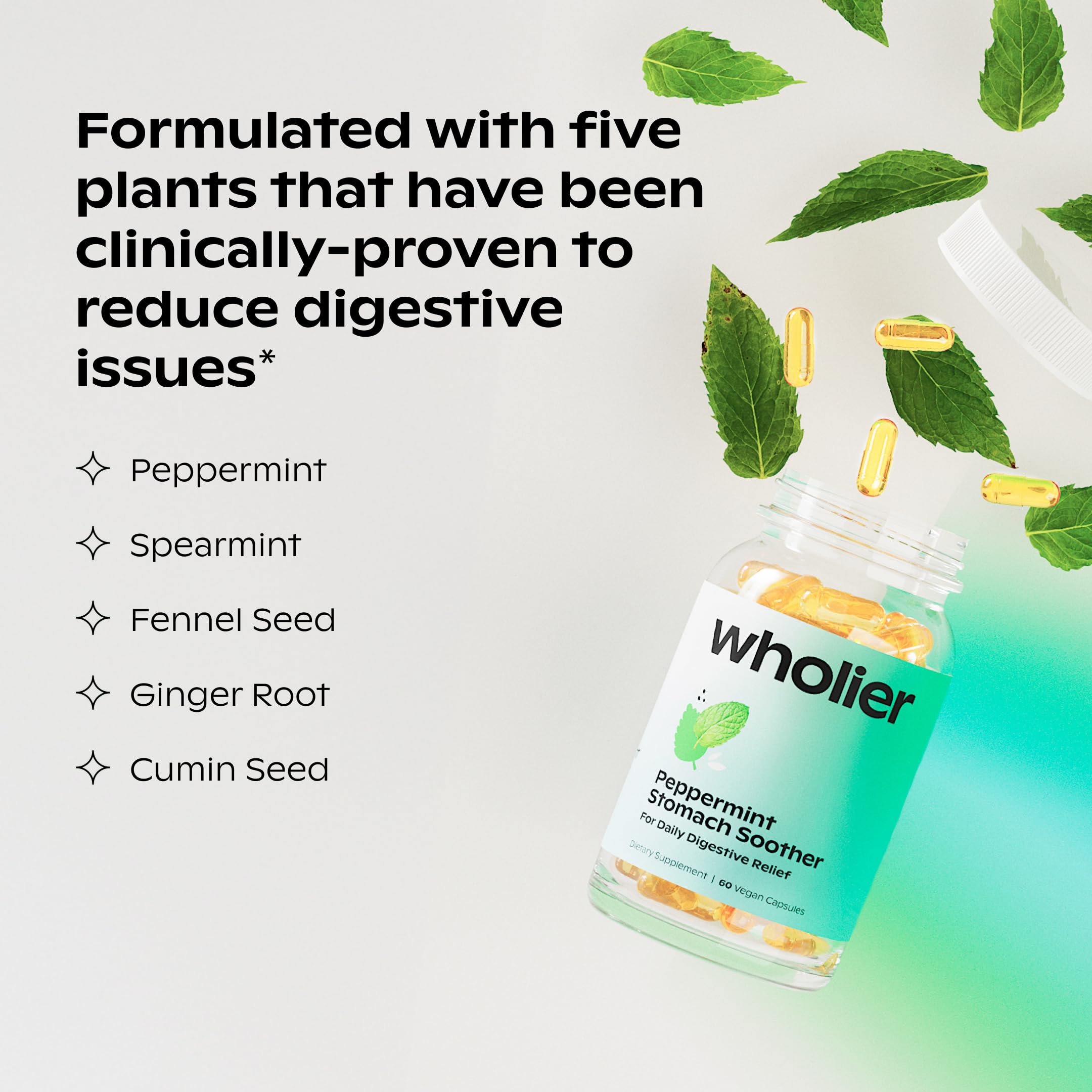 Wholier mezcla herbal con menta, jengibre y hinojo para confort digestivo.