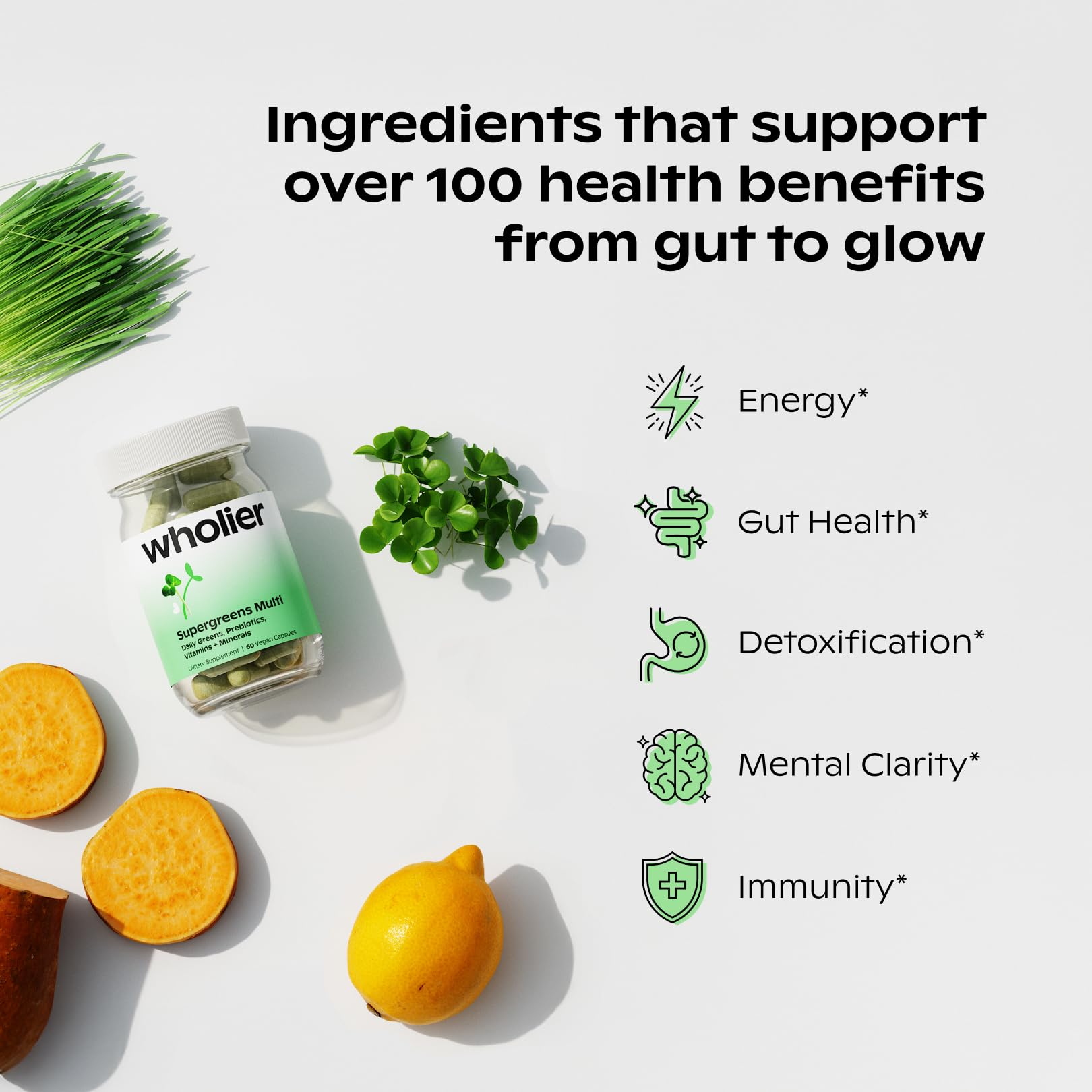 Wholier Supergreens Multi — cápsulas, mezcla de microverdes para energía sostenida.