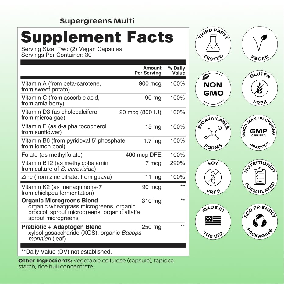 Wholier Supergreens Multi — envase de vidrio, opción ecológica y reutilizable.