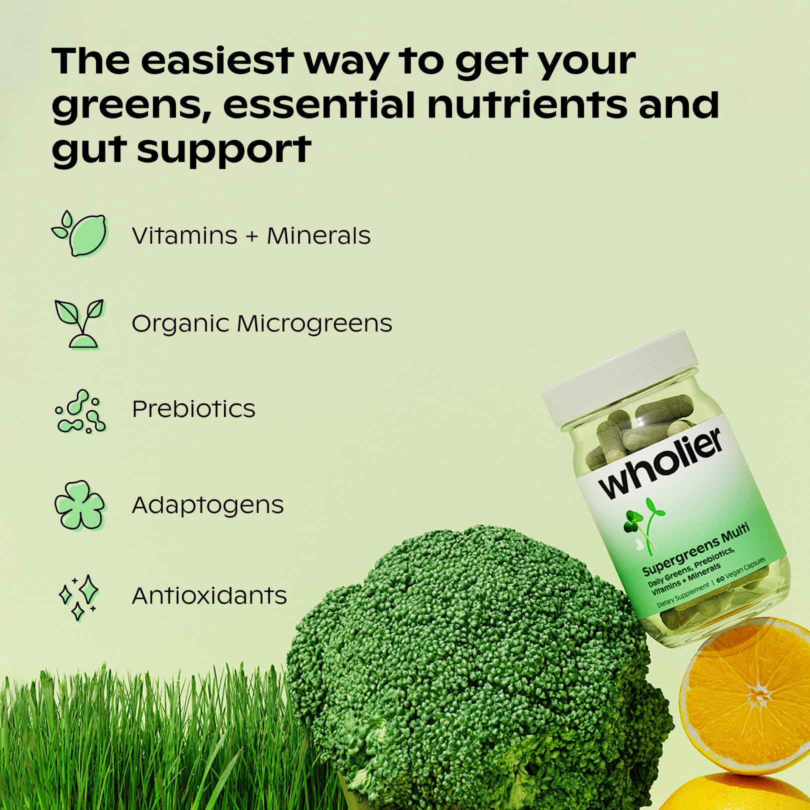 Wholier Supergreens Multi — etiqueta detallada, seguridad y pureza en cada lote.