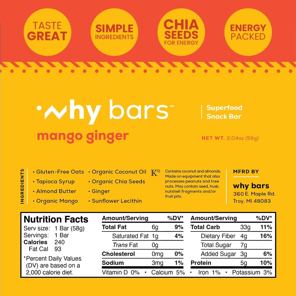 WHY BARS Mango Ginger: ingredientes simples basados en plantas.