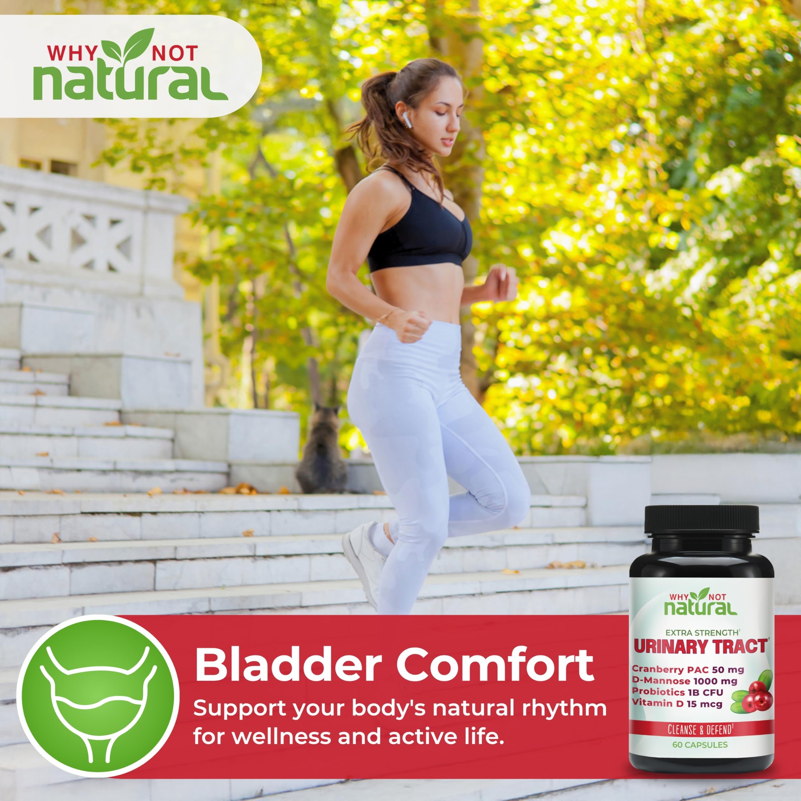 Why Not Natural etiqueta del producto con ingredients clave para la salud urinaria.