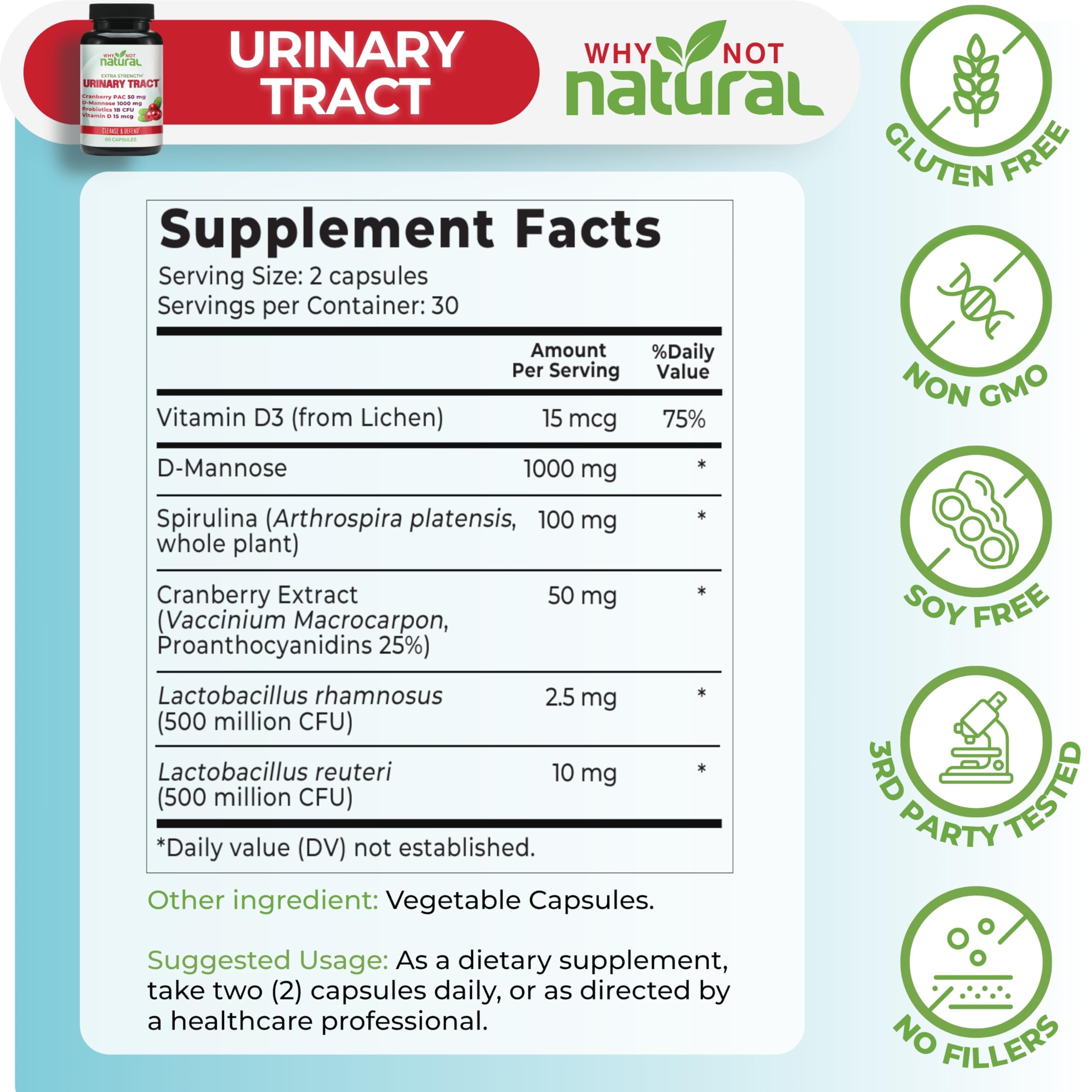 Why Not Natural cápsulas probióticas con Lactobacillus reuteri para bienestar intestinal.