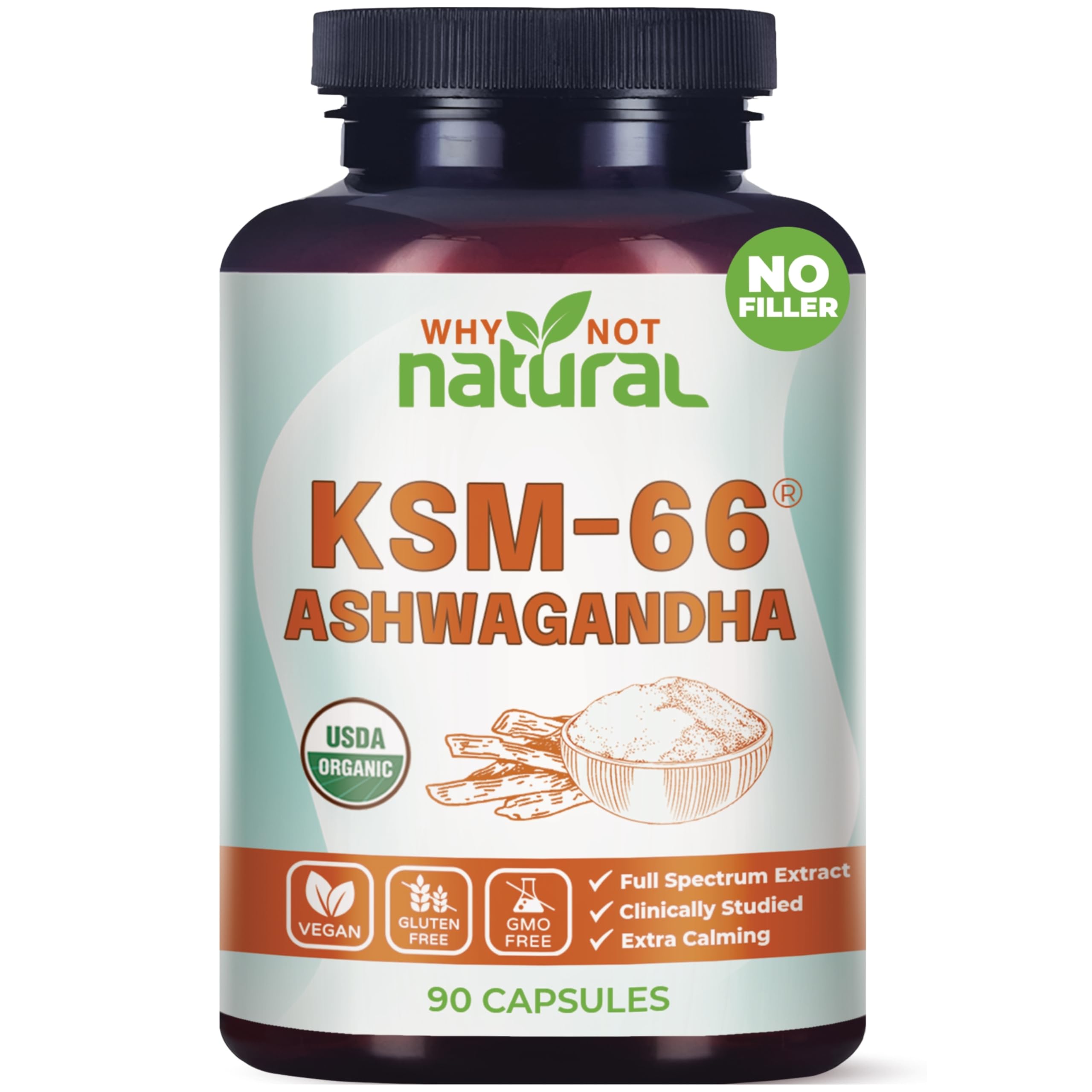 Cápsulas de Why Not Natural Ashwagandha KSM66 en vista lateral, promueven equilibrio y foco.