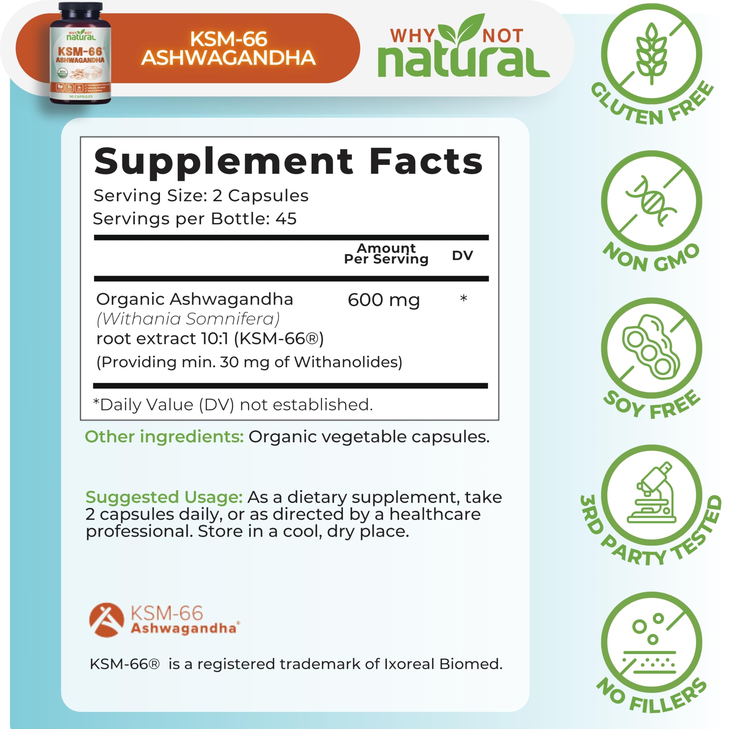 Etiqueta frontal de Why Not Natural Ashwagandha KSM66, información clara y confianza en el suplemento.
