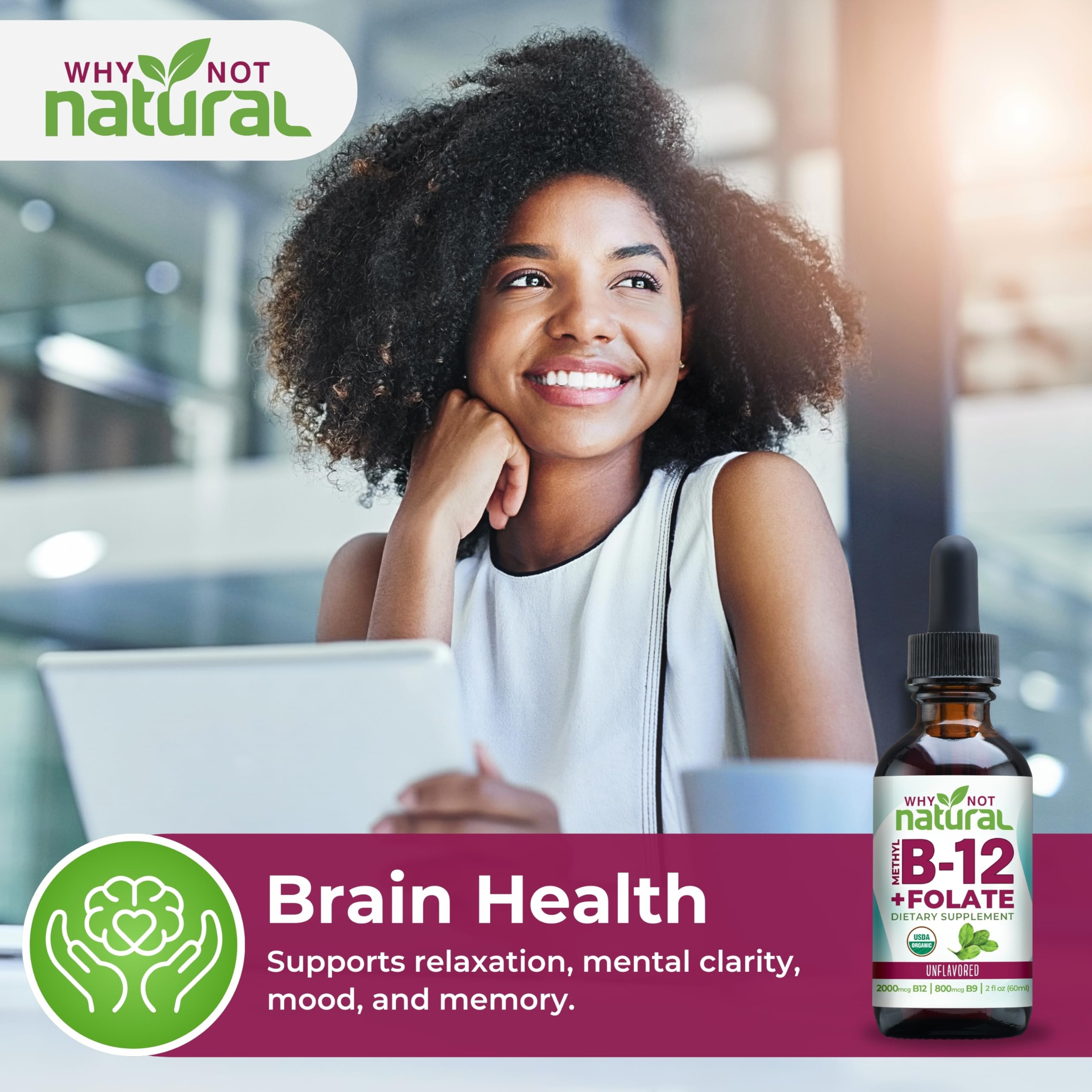 Why Not Natural B12 Folato: etiqueta clara con beneficios posibles.