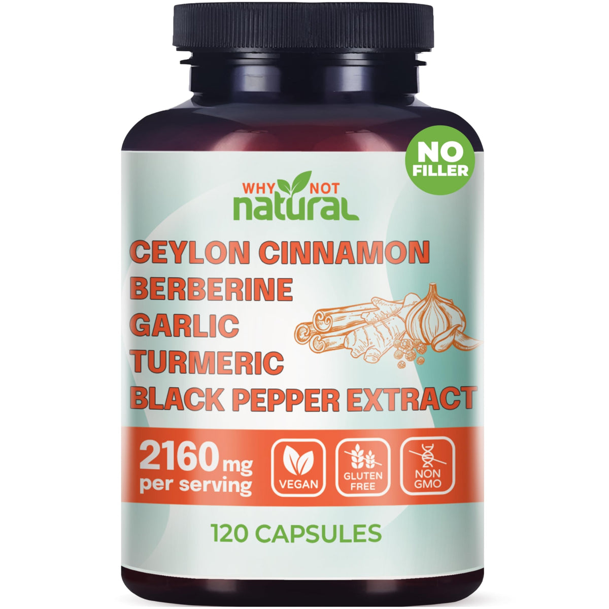 Why Not Natural cápsulas de canela orgánica Ceilán y berberina: apoyo metabólico natural.