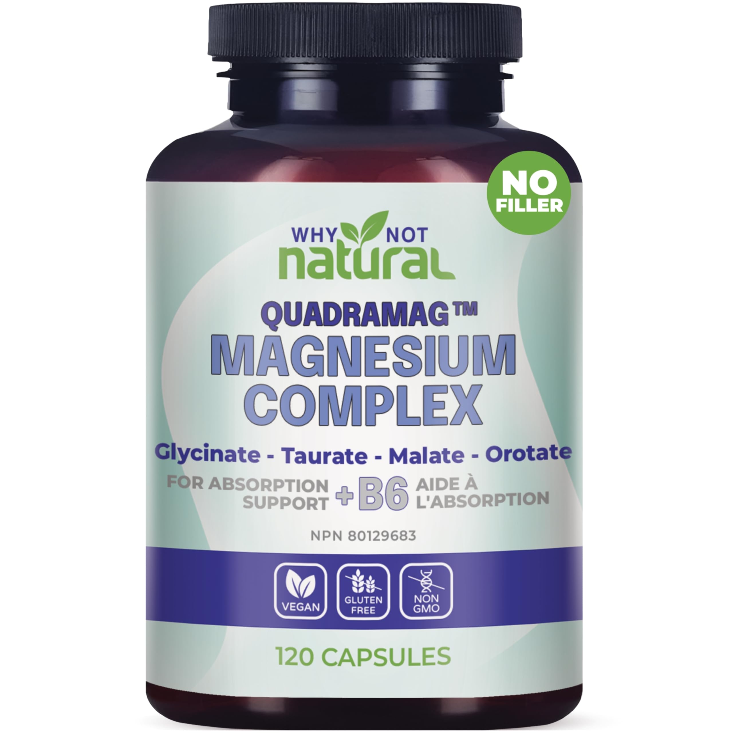 Why Not Natural magnesio cuatro-en-uno en cápsulas, botella lista para uso diario.