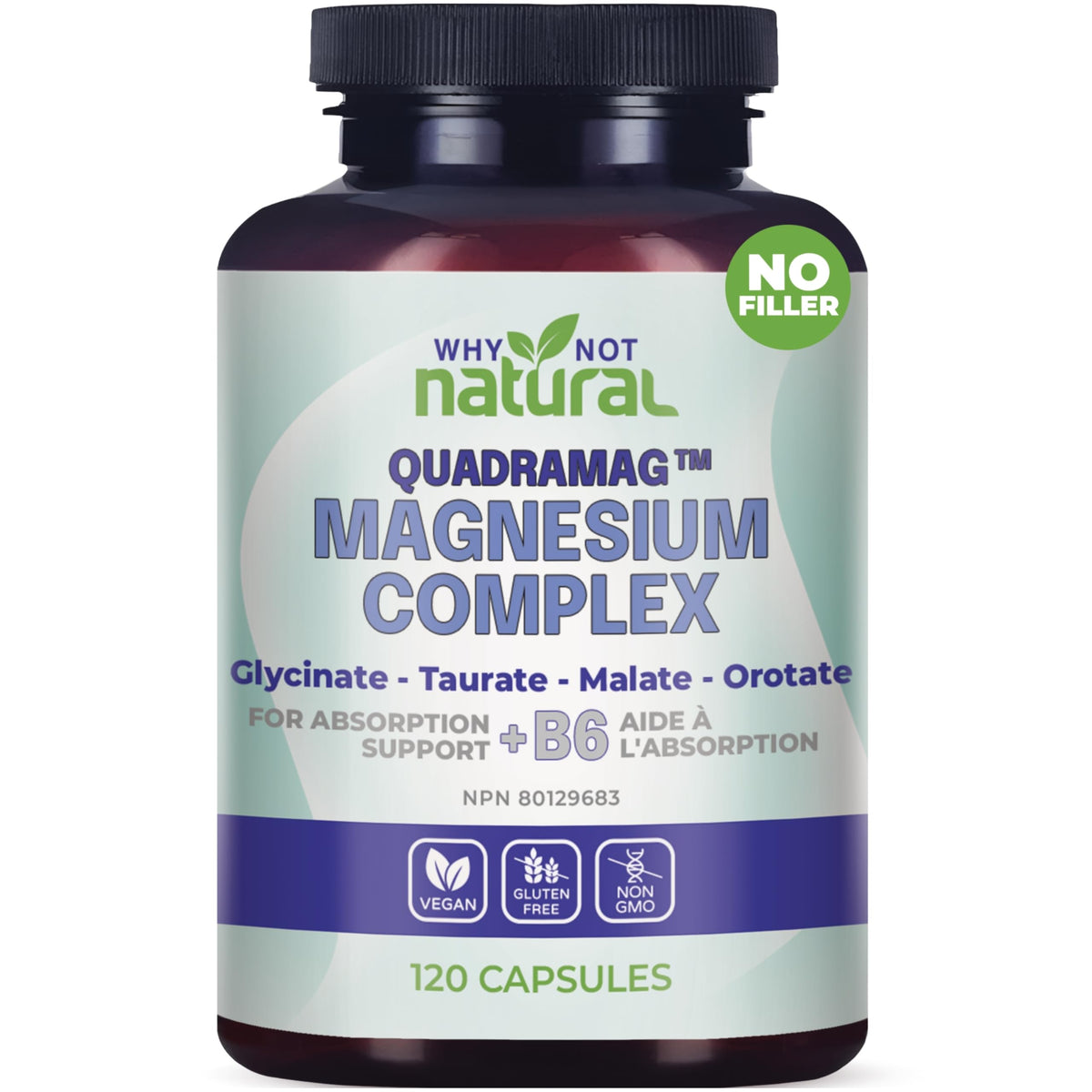 Why Not Natural magnesio cuatro-en-uno en cápsulas, botella lista para uso diario.