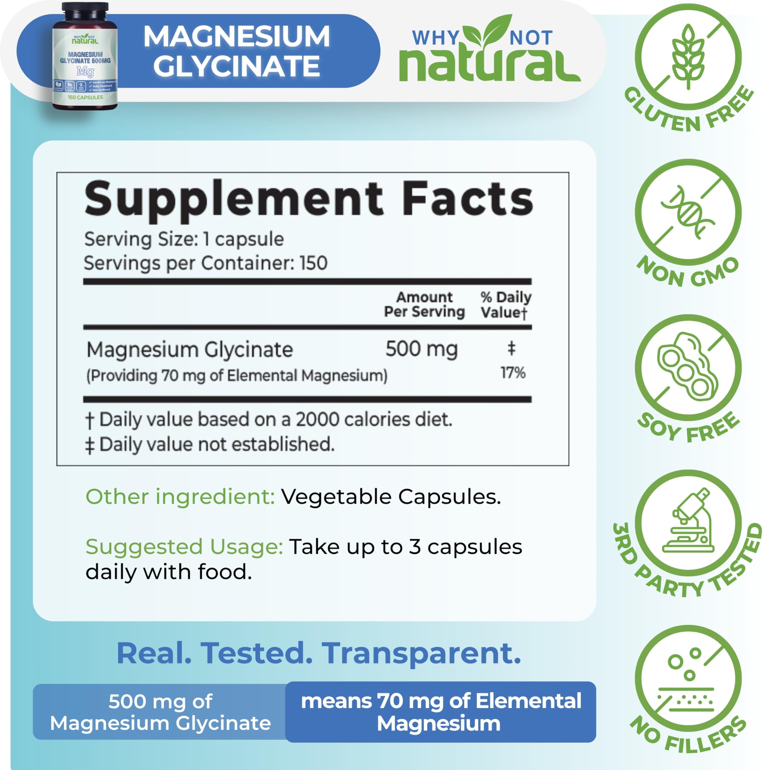 Why Not Natural magnesio glicinato 500 mg, escena nocturna para relajacion.