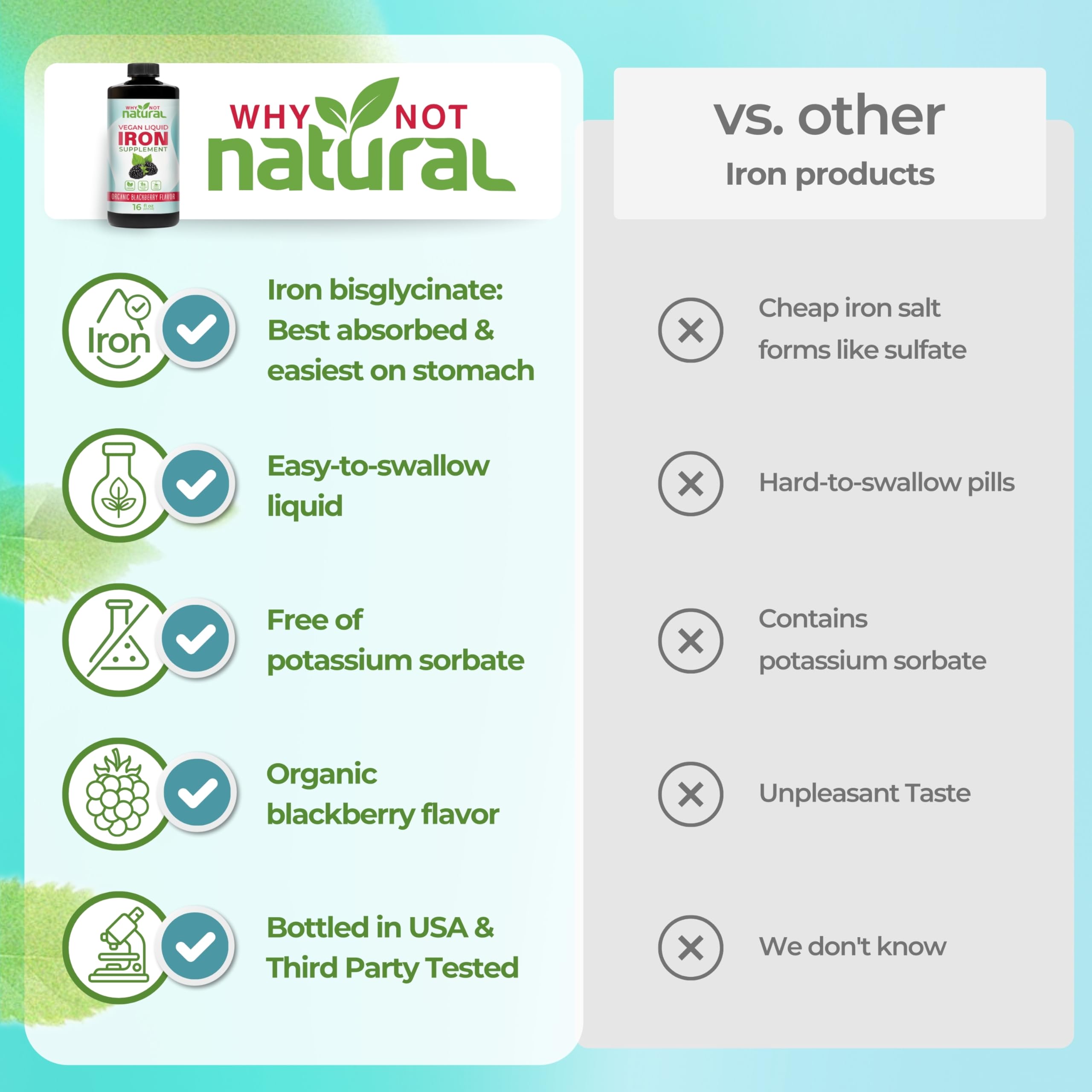 Why Not Natural hierro líquido, apto para familias y niños, sabor suave