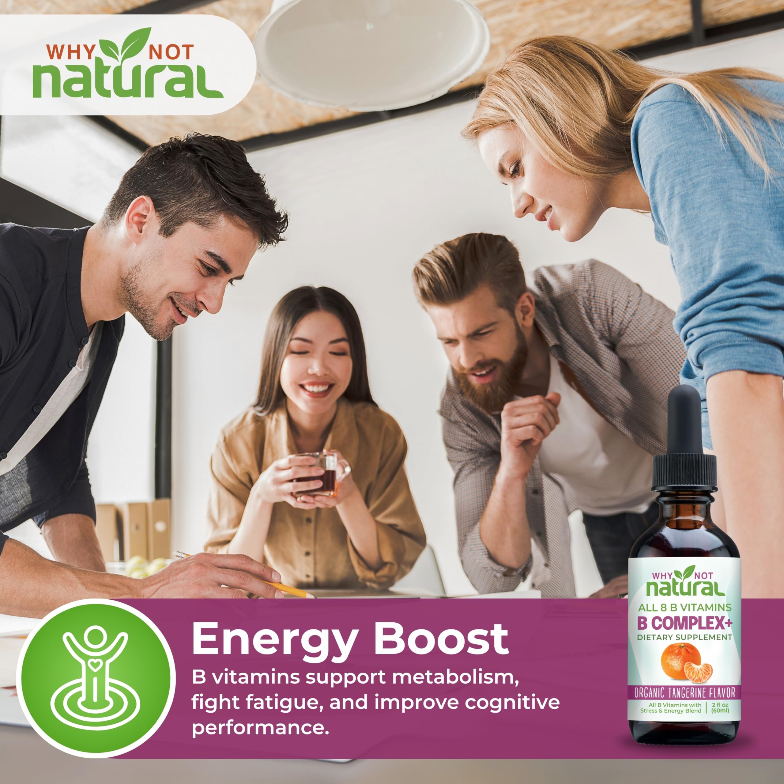Etiqueta informativa de Why Not Natural Vitamin B Complex con vitaminas y dosis.