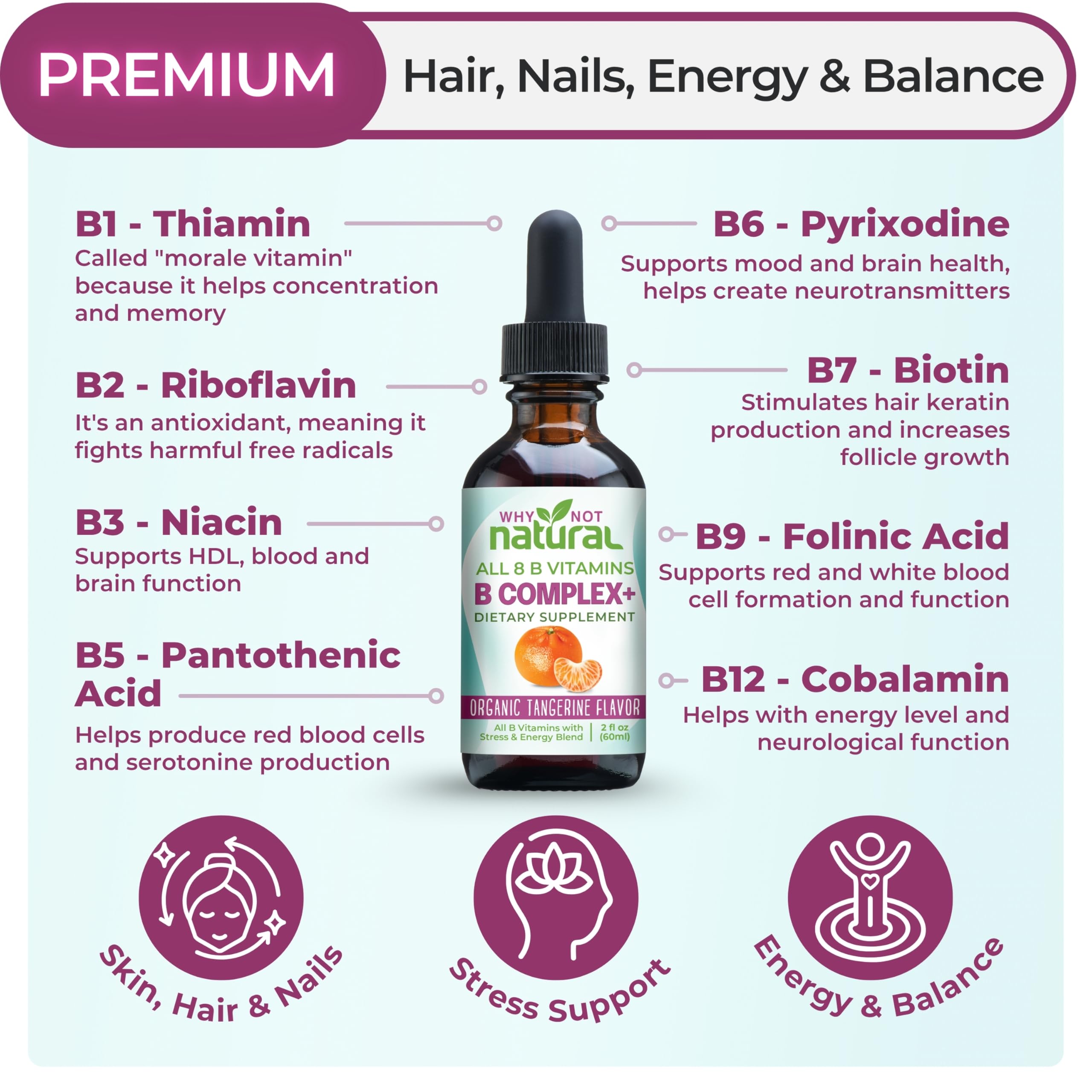 Frasco de Why Not Natural Vitamin B Complex con pipeta para dosis precisa.