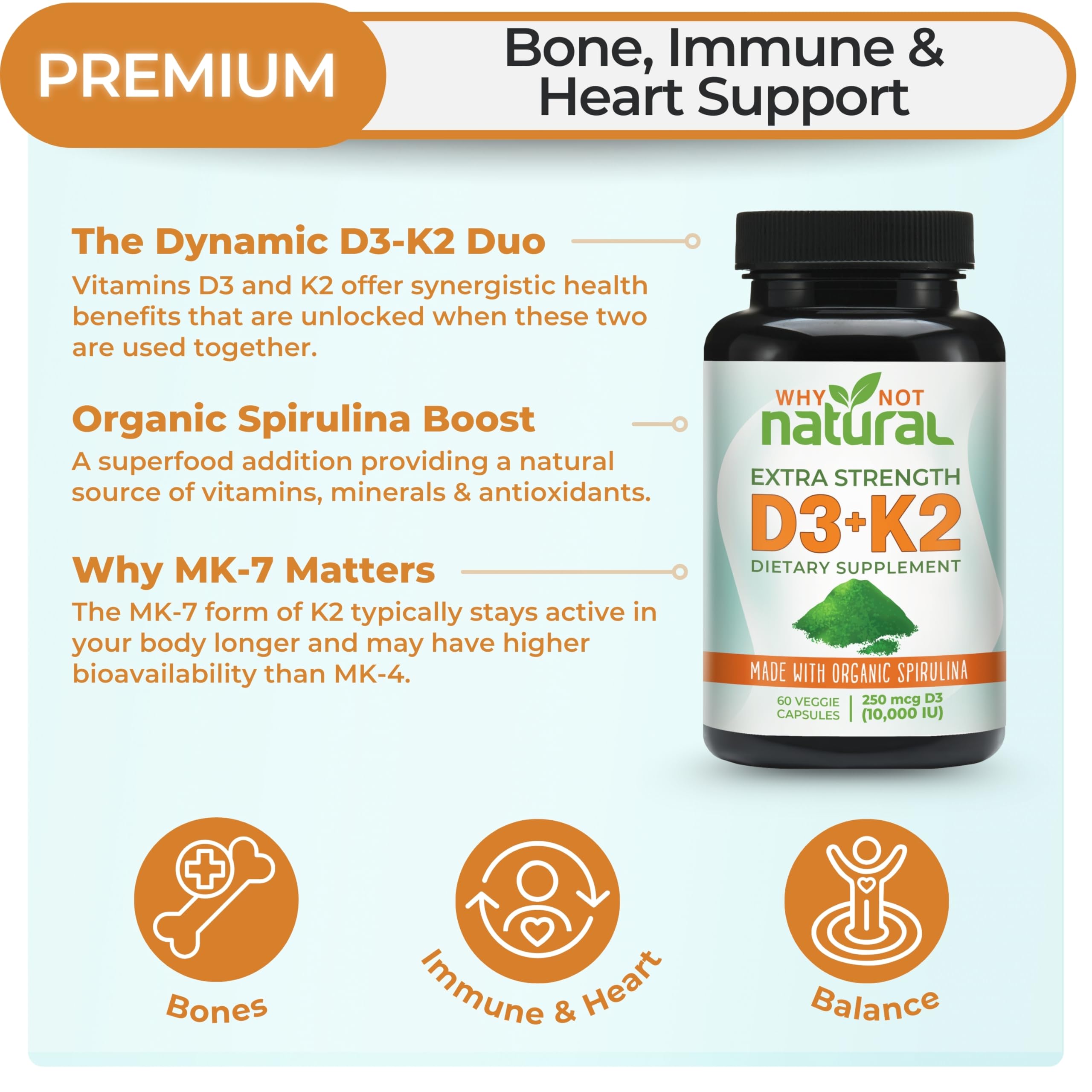 Why Not Natural Vitamin D3 K2 cápsulas vegetales, vista interna, fácil de tragar.