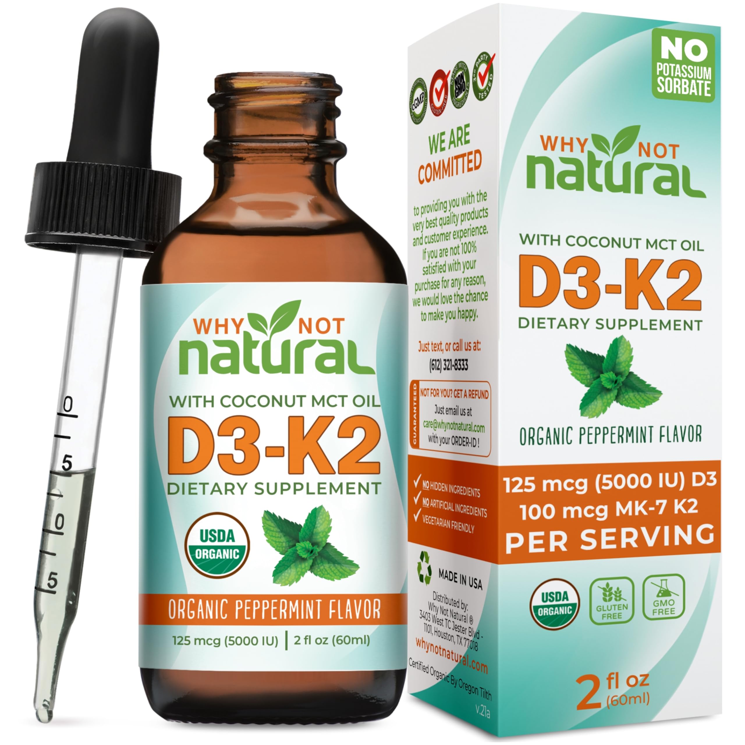 Why Not Natural vitamina D3 K2 en gotas junto a la botella para uso diario.