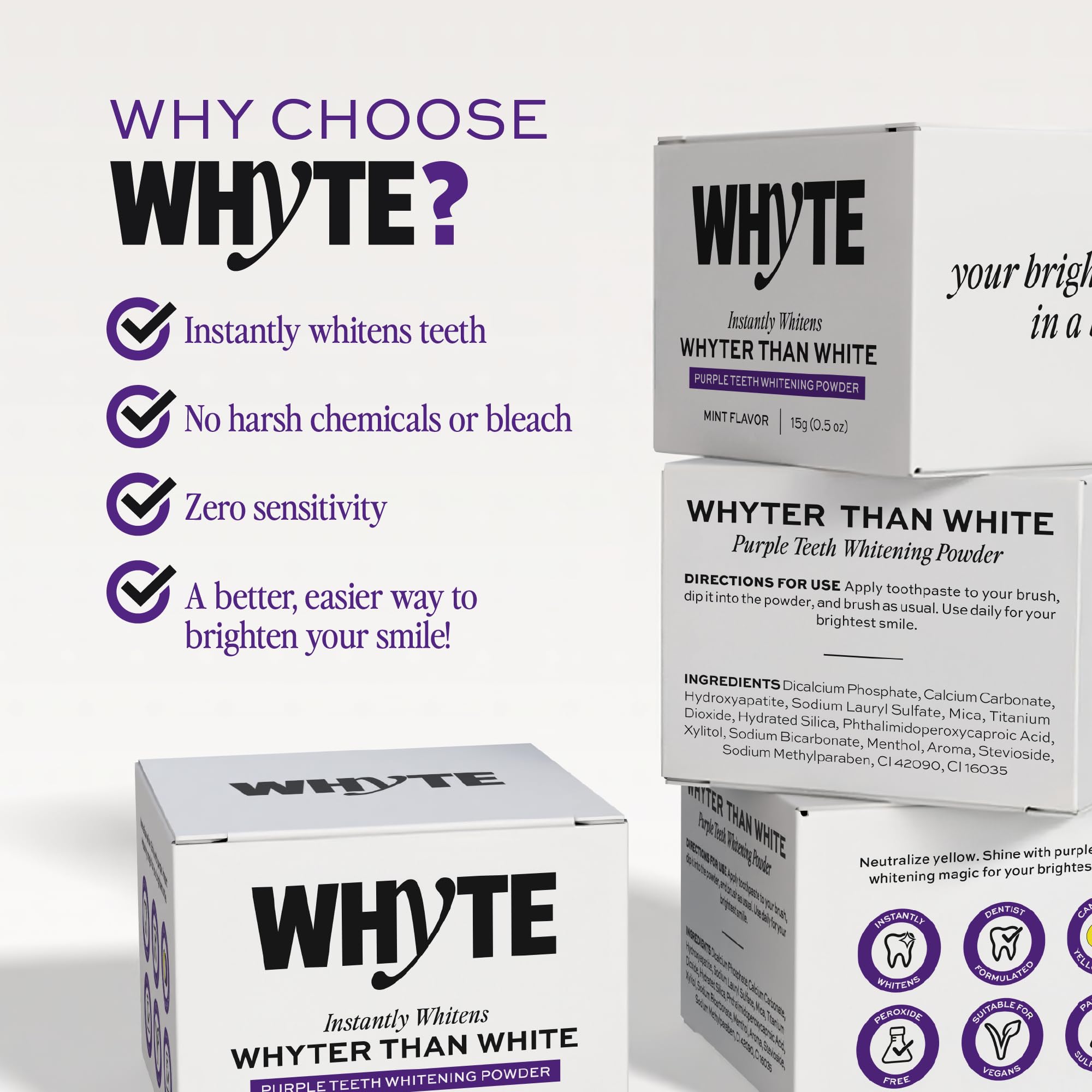 WHYTE dientes más brillantes tras usar polvo purpura con sabor a menta