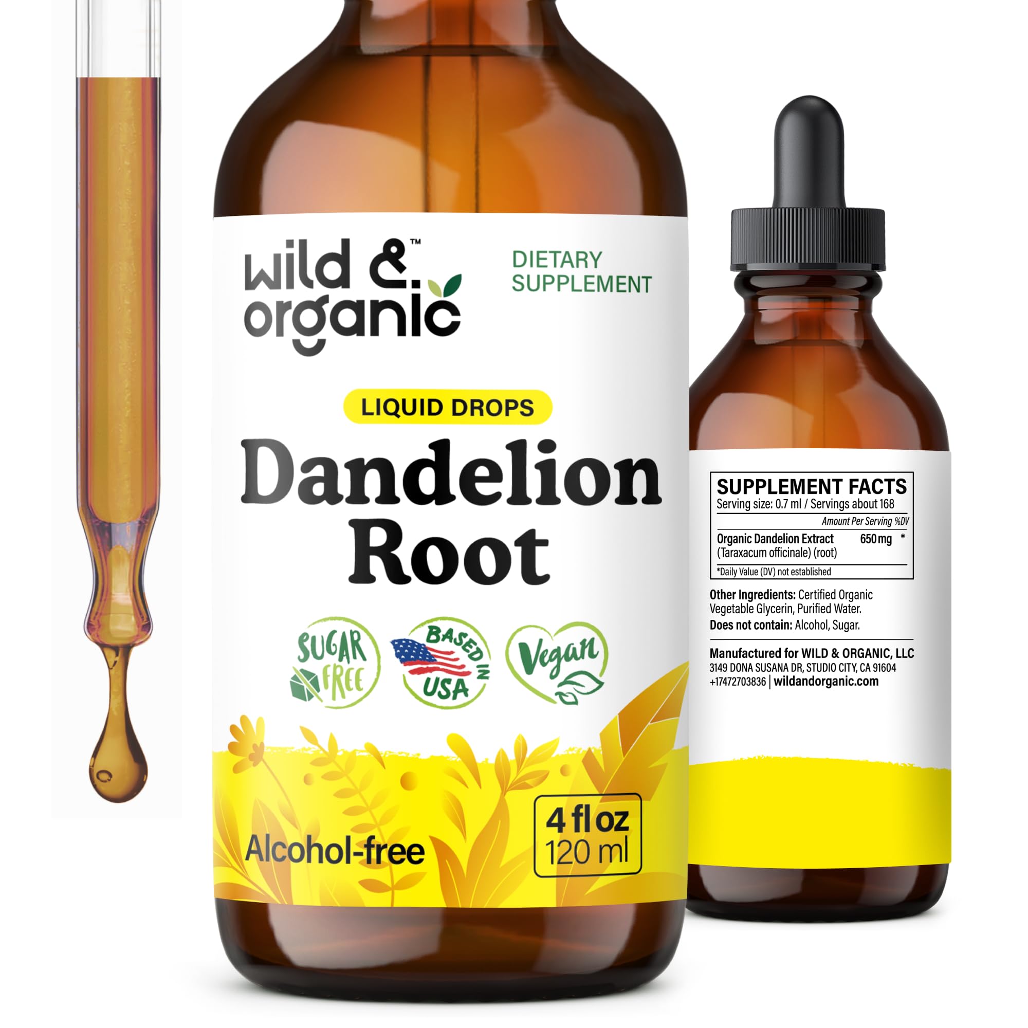 Wild and Organic Gotas de Diente de León frasco en primer plano para apoyo al hígado
