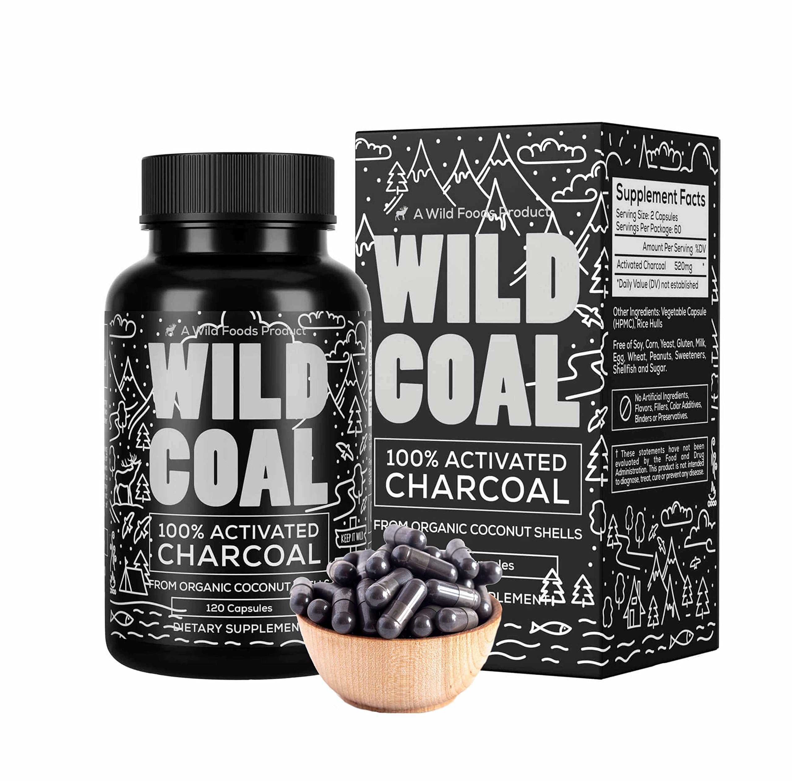 Wild Foods cápsulas carbón activado en envase, fuente orgánica de coco.