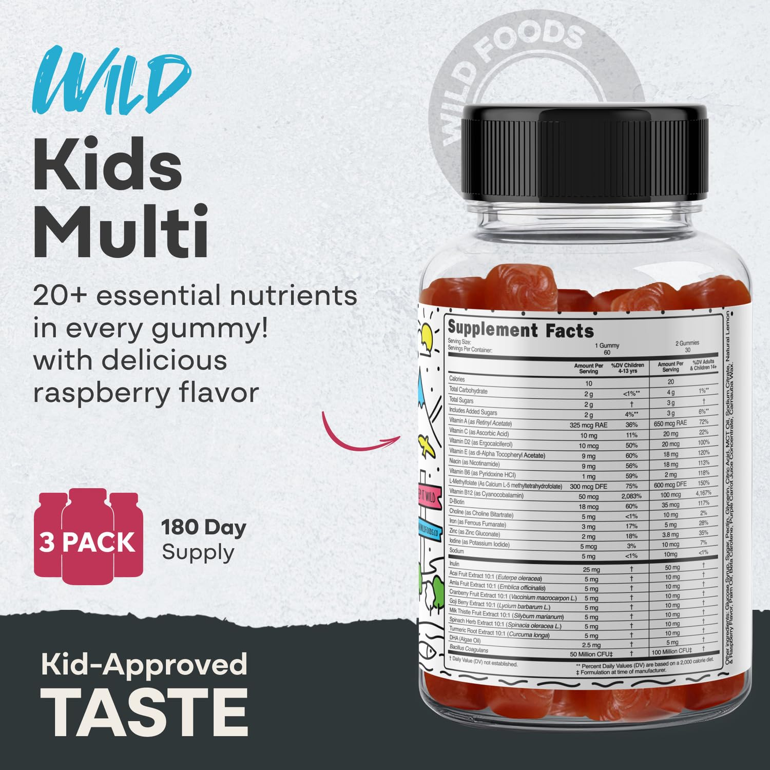 Gomitas Wild Foods para niños, envase con 60 gomitas para uso diario.