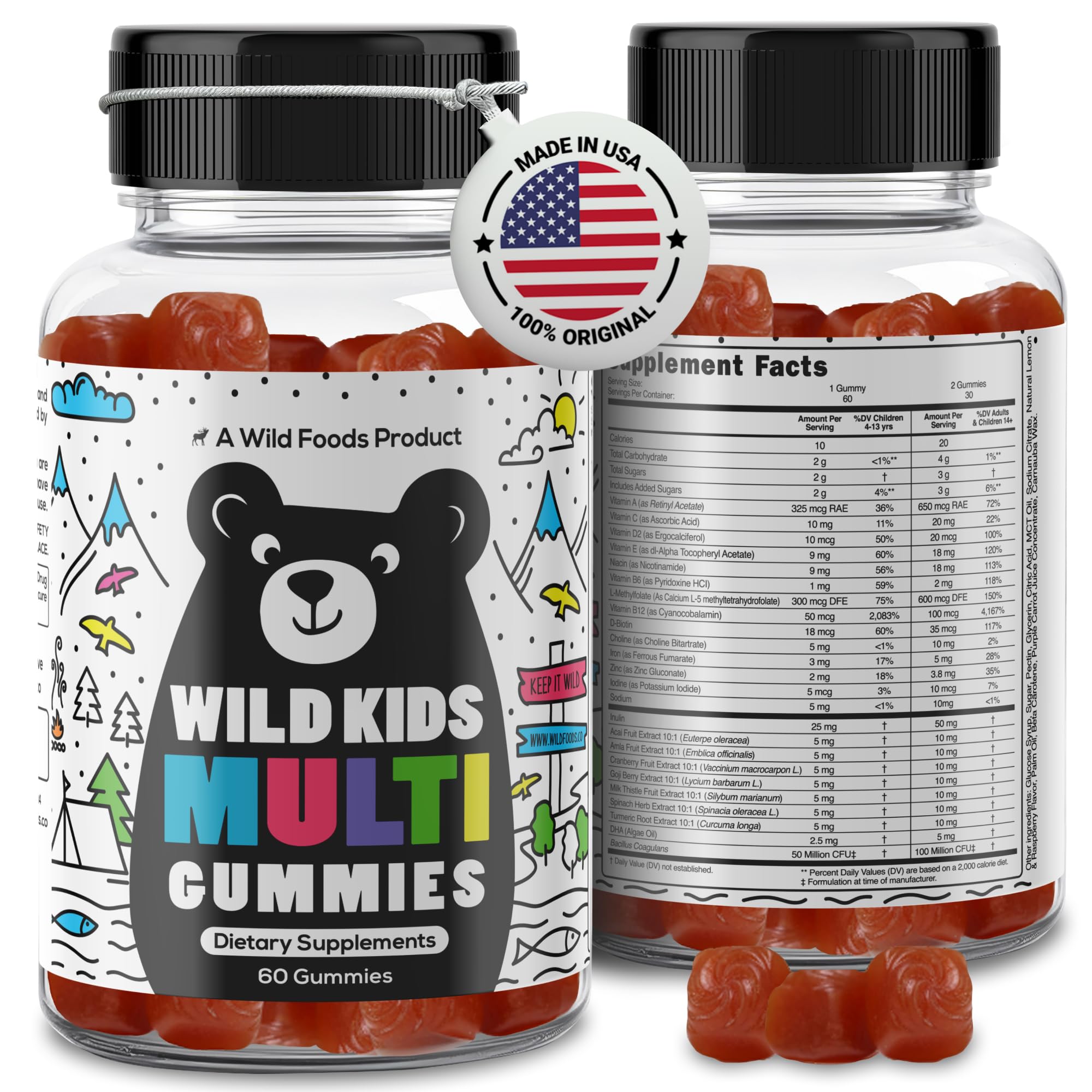 Wild Foods Kids Multivitamin Gummies gomitas frutales para nutrición diaria y apoyo inmunitario.
