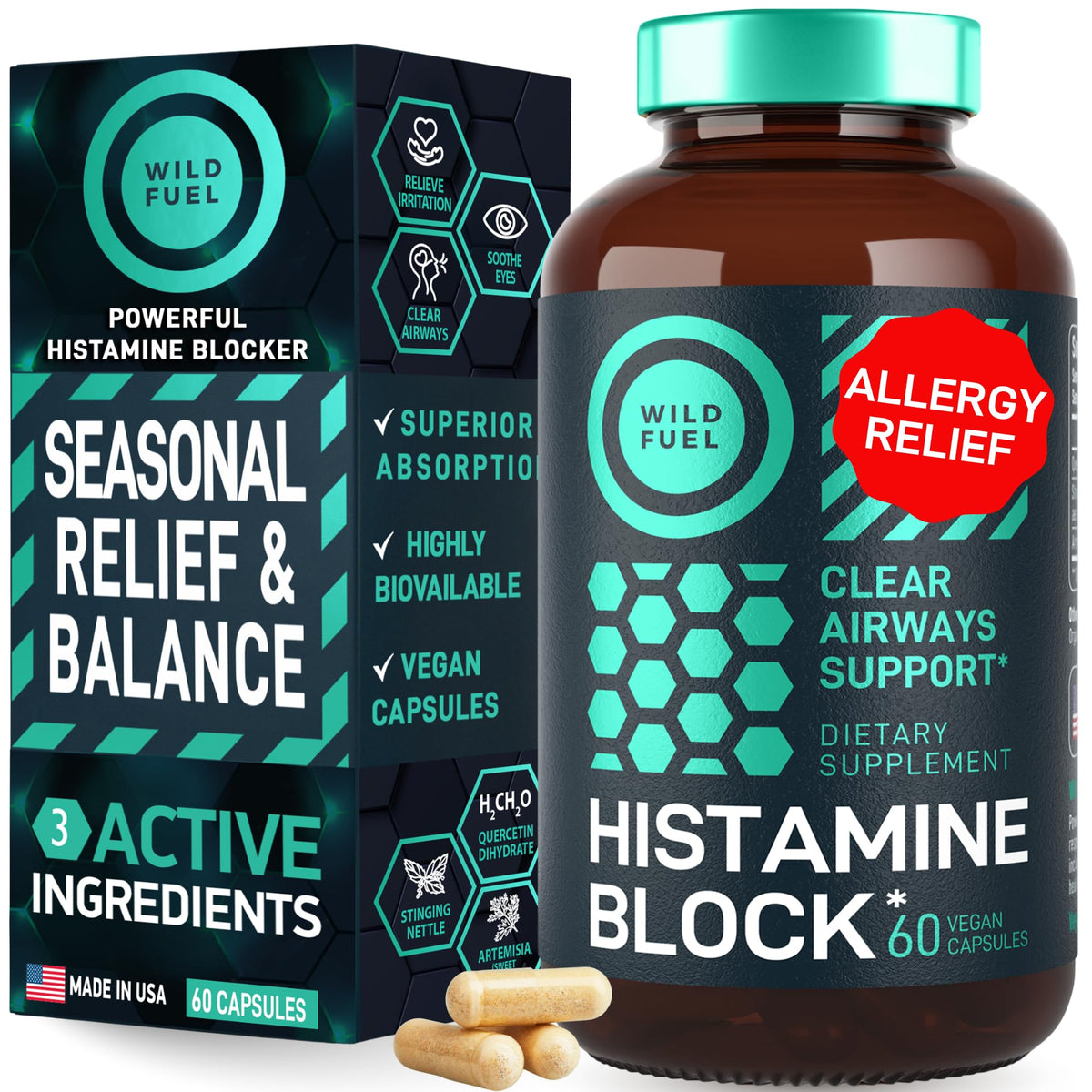 Wild Fuel cápsulas para bloqueo de histamina con flavonoides, apoyo respiratorio suave.