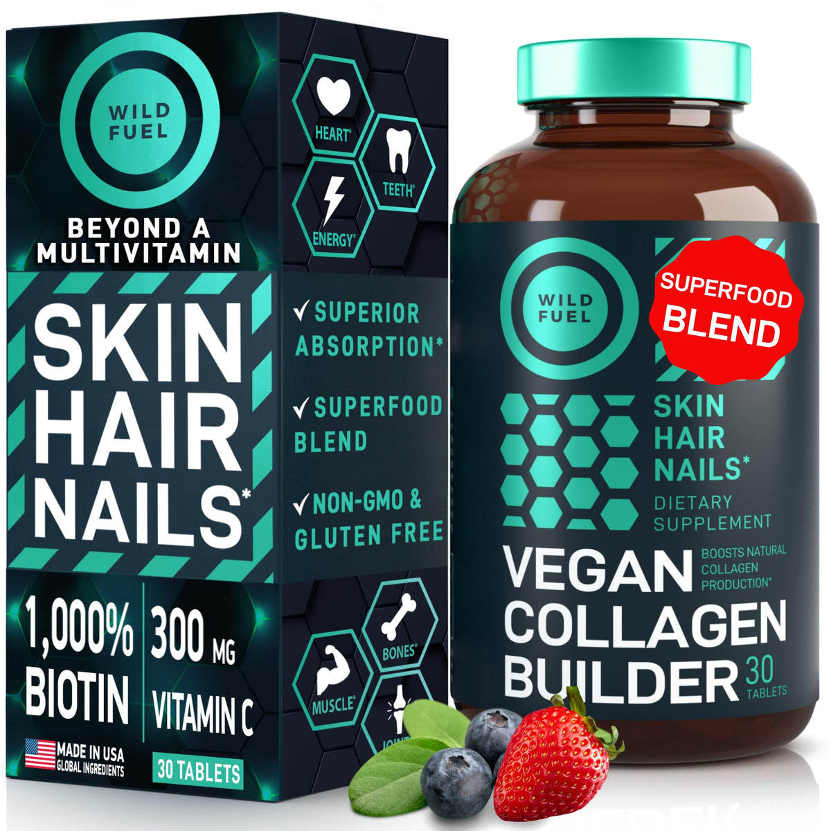 WILD FUEL colágeno vegano tableta: apoyo a la piel y articulaciones