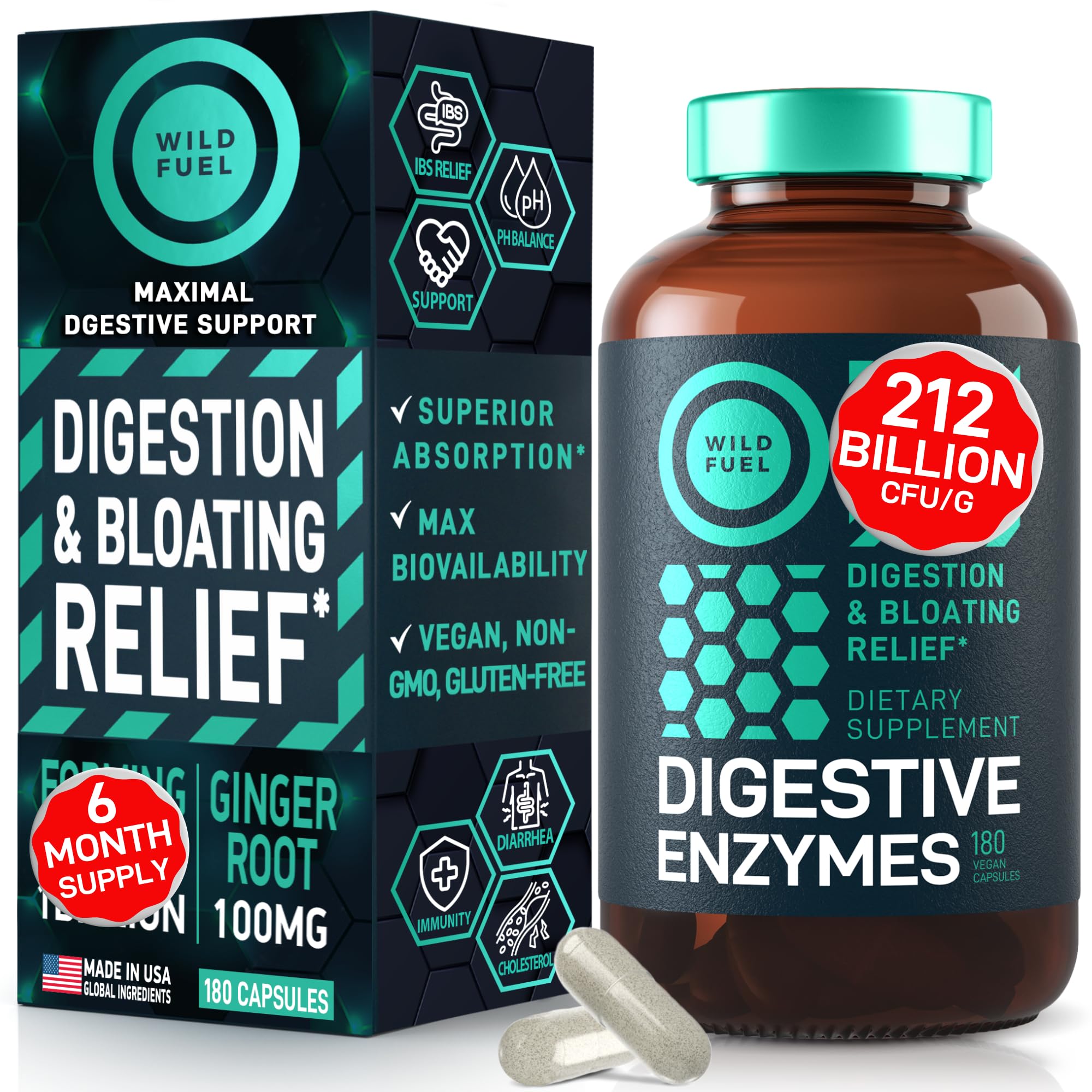 WILD FUEL Enzimas Digestivas: botella frontal con alcachofa y jengibre para confort estomacal.