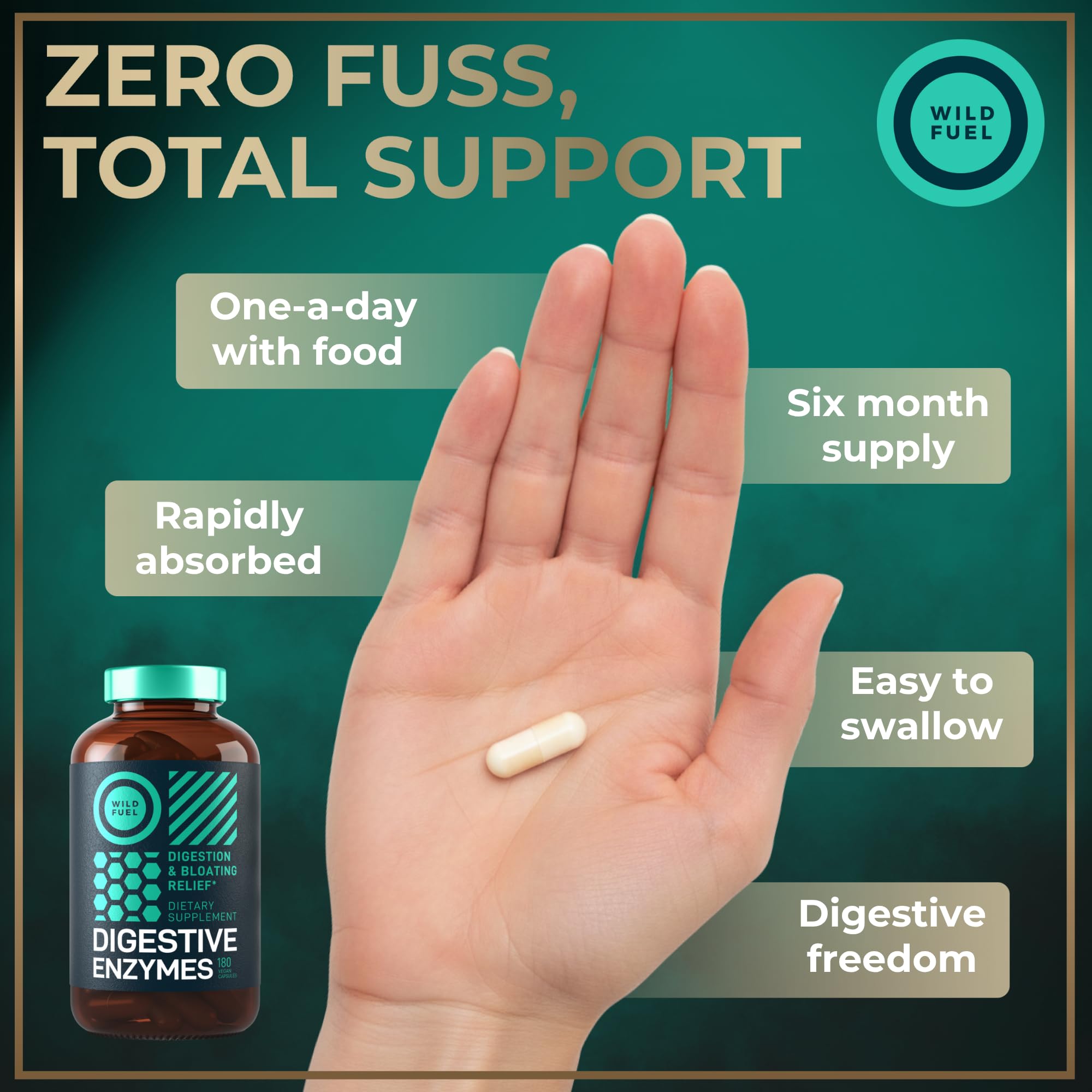WILD FUEL Enzimas Digestivas: hierbas como jengibre, hinojo y cúrcuma para confort.