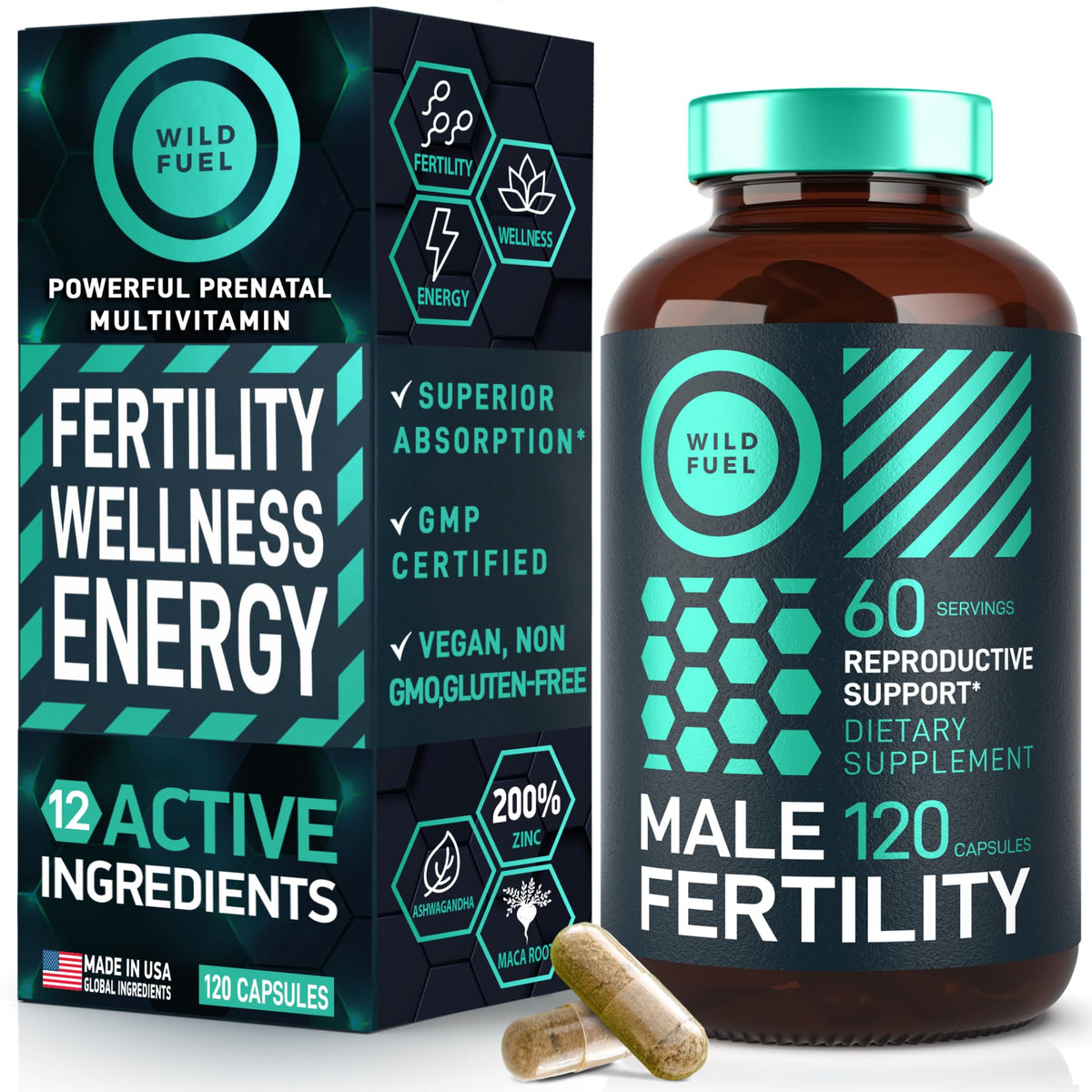 WILD FUEL Fertilidad masculina: frasco de cápsulas para apoyo a la concepción