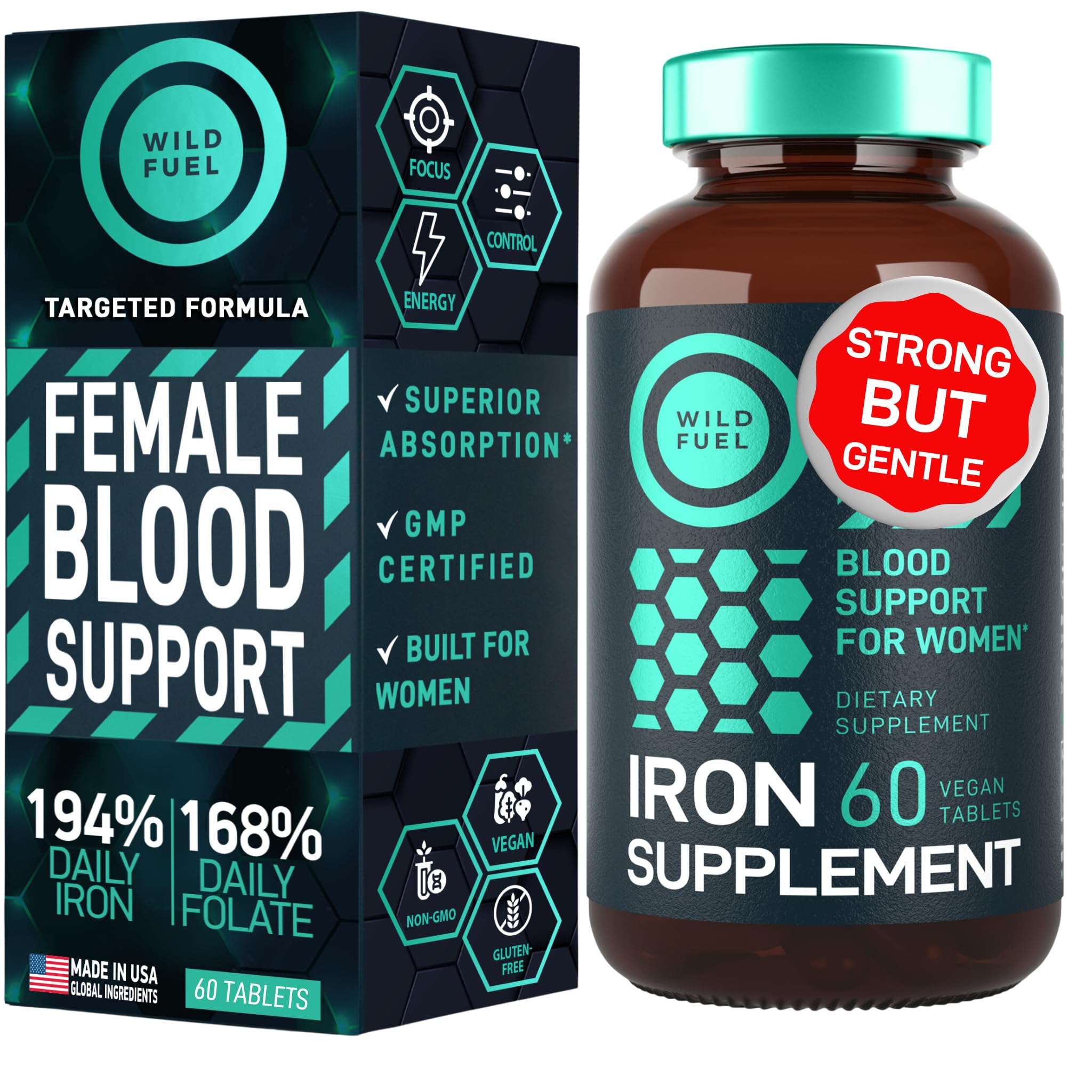 WILD FUEL Iron: botella de tabletas para uso diario, apoyo a la ingesta de hierro.