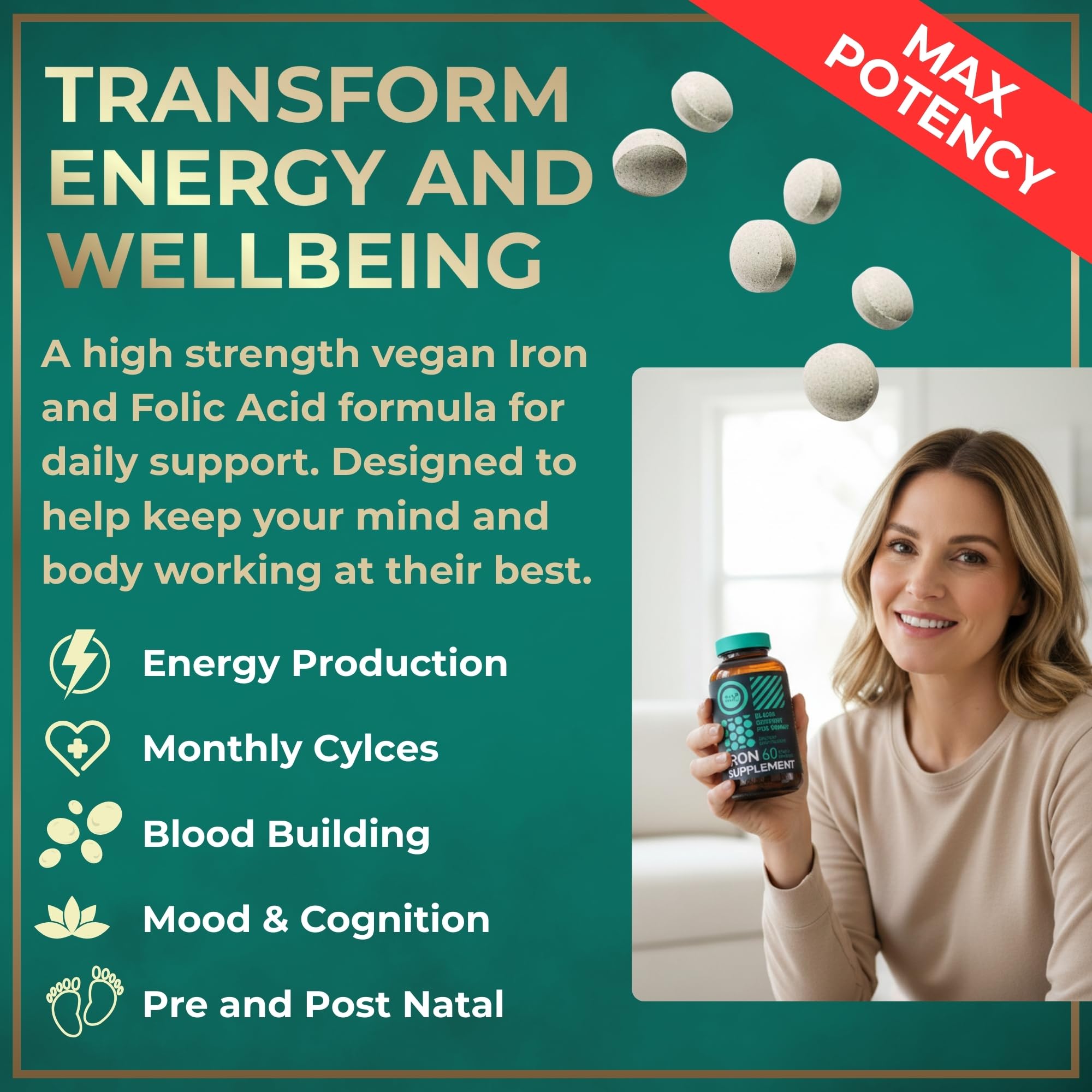 WILD FUEL Iron: primer plano de tabletas para apoyo diario de energía.