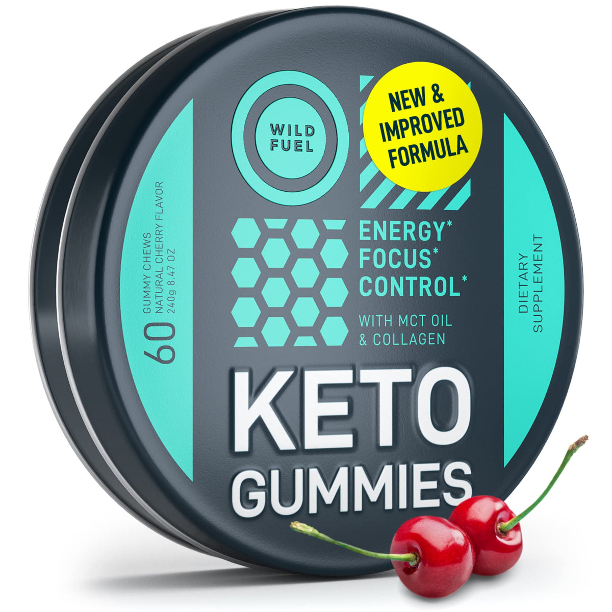 Gomitas Wild Fuel MCT Oil Keto Gummies, botella derramando, energía rápida para entrenar